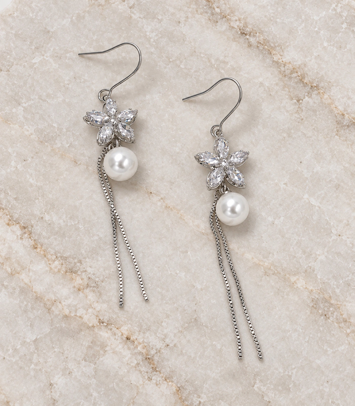JIMIKI Silver Tone Marquise Flower Pearl Twin Chain Earring Pair in Silver-tone, editorial flat lay