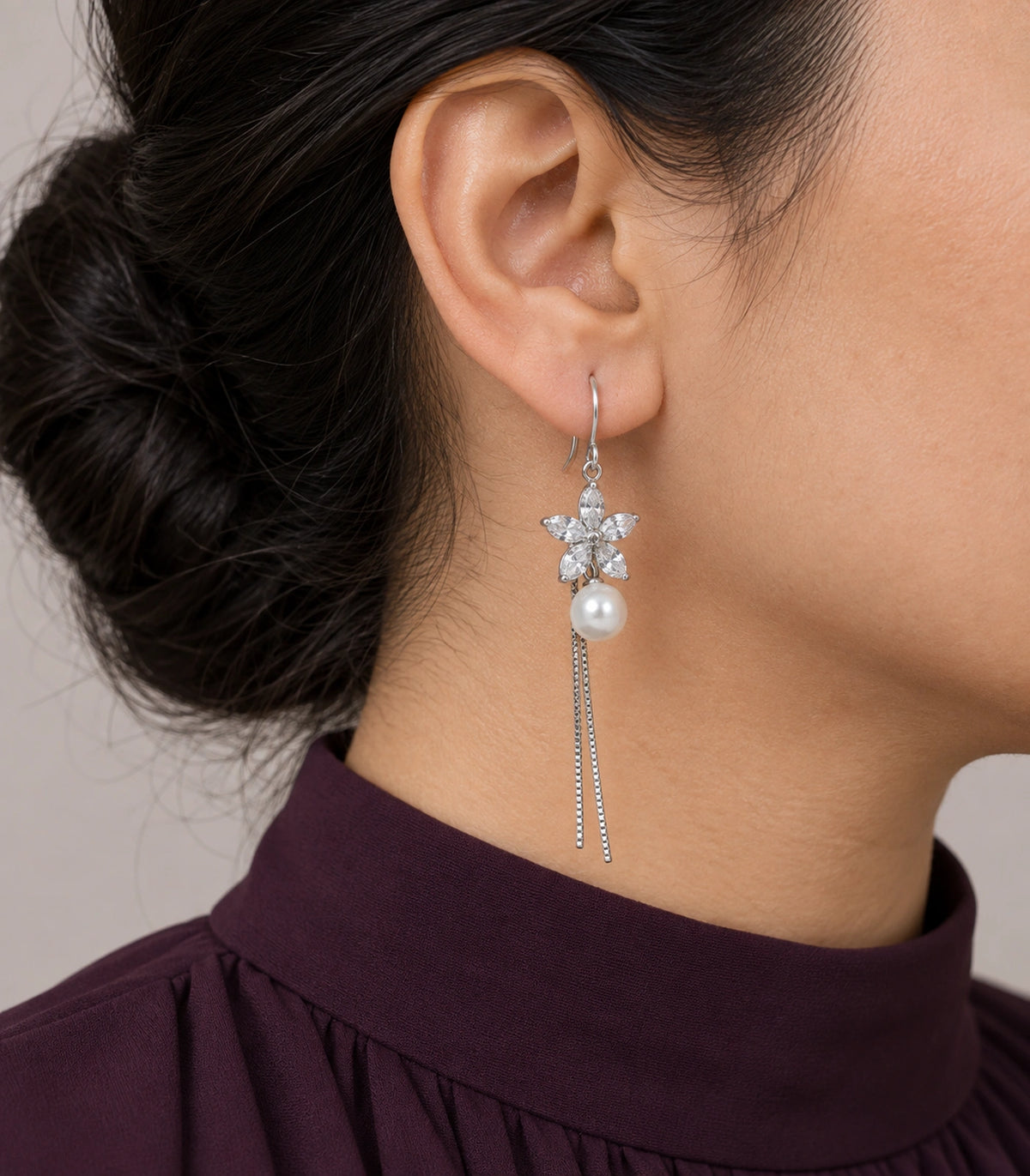 JIMIKI Silver Tone Marquise Flower Pearl Twin Chain Earring Pair in Silver-tone, model wearing view