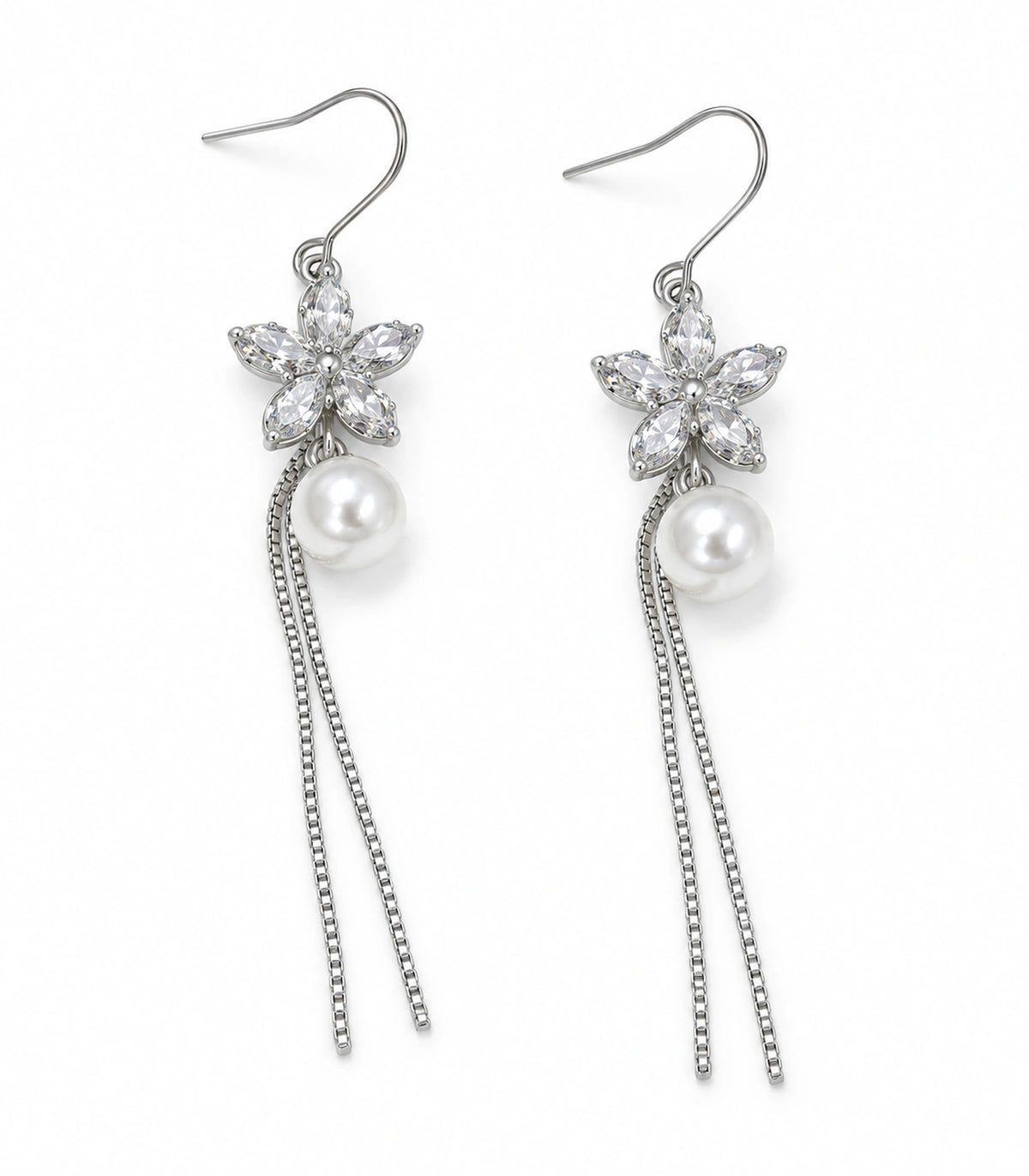 JIMIKI Silver Tone Marquise Flower Pearl Twin Chain Earring Pair in Silver-tone, white background product view