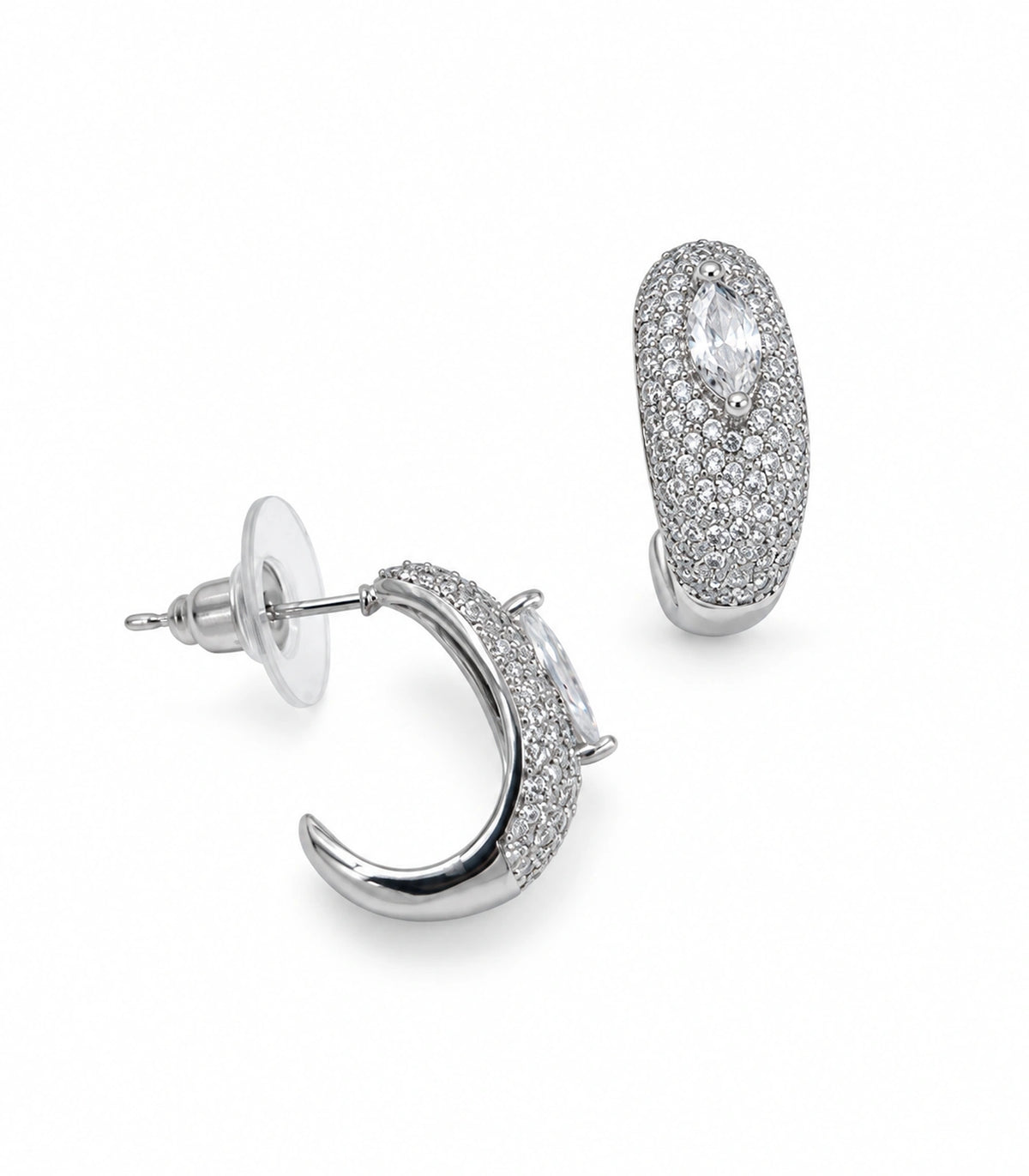 JIMIKI marquise pave open hoop earring pair in silver tone on a white background #color_silver tone