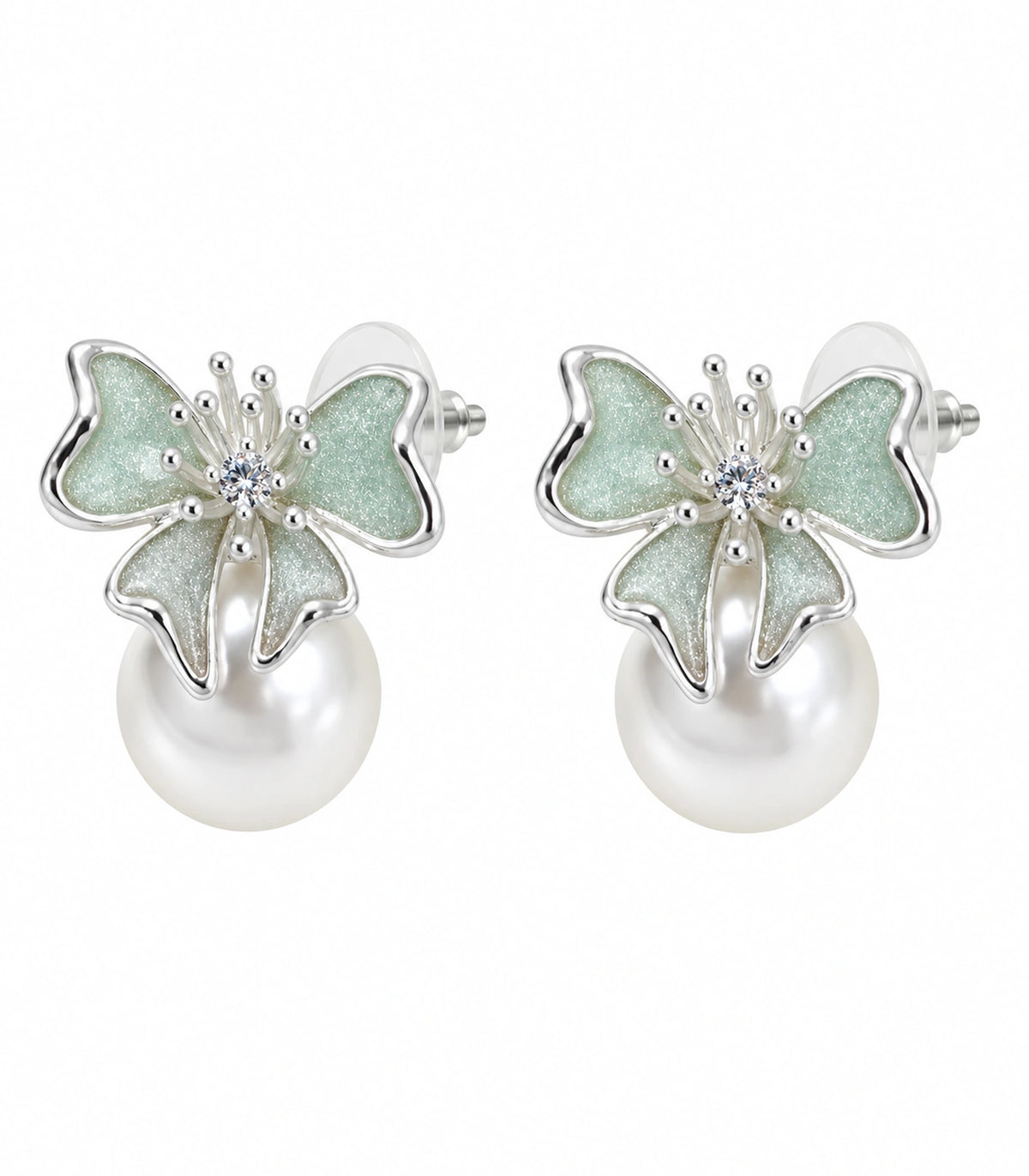 JIMIKI Butterfly Pearl Stud Earring Pair in Silver Tone / Mint, white background product view #color_silver tone / mint