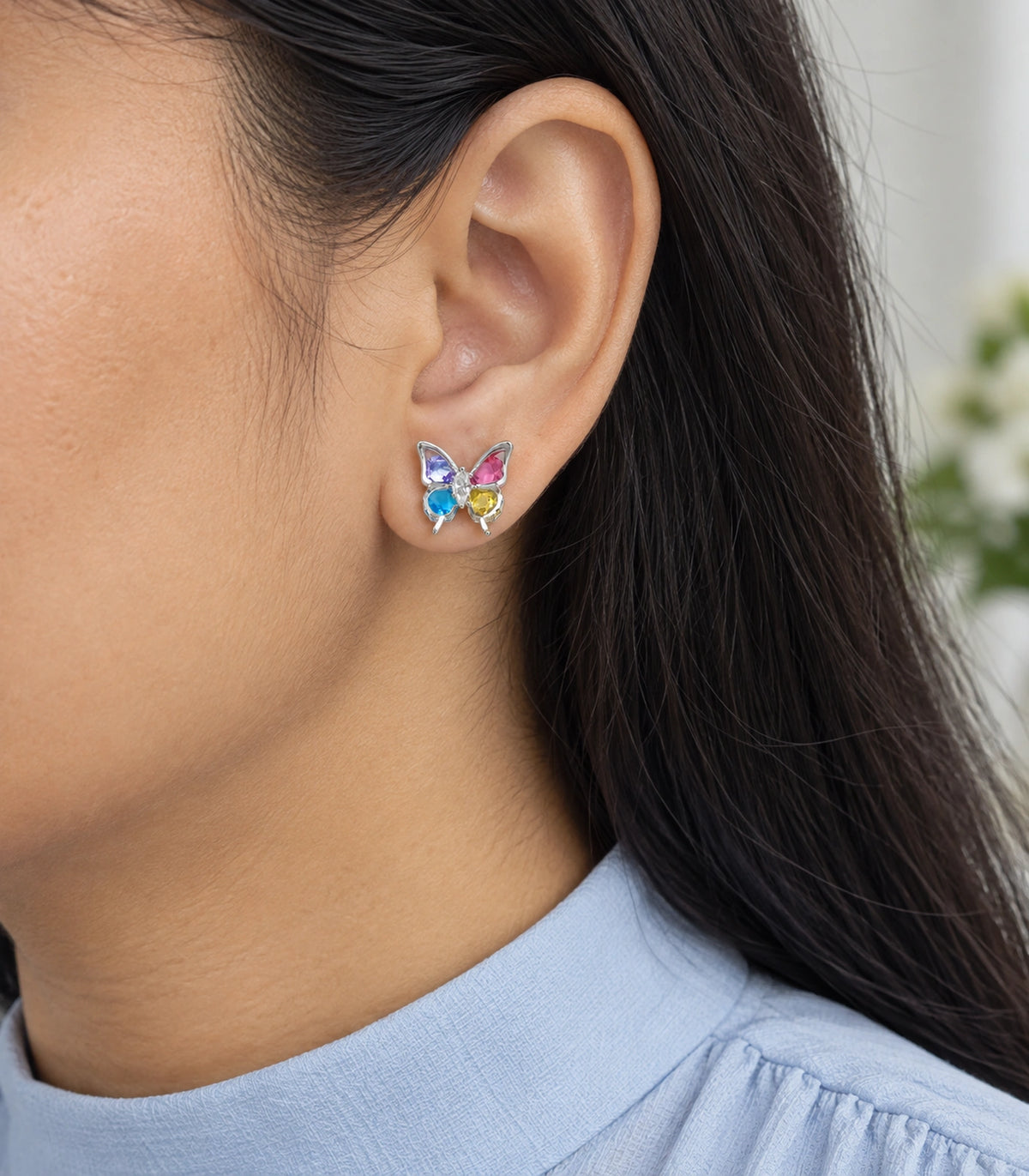 JIMIKI Silver Tone Multicolour Crystal Butterfly Stud Earring Pair in Silver tone, model wearing view