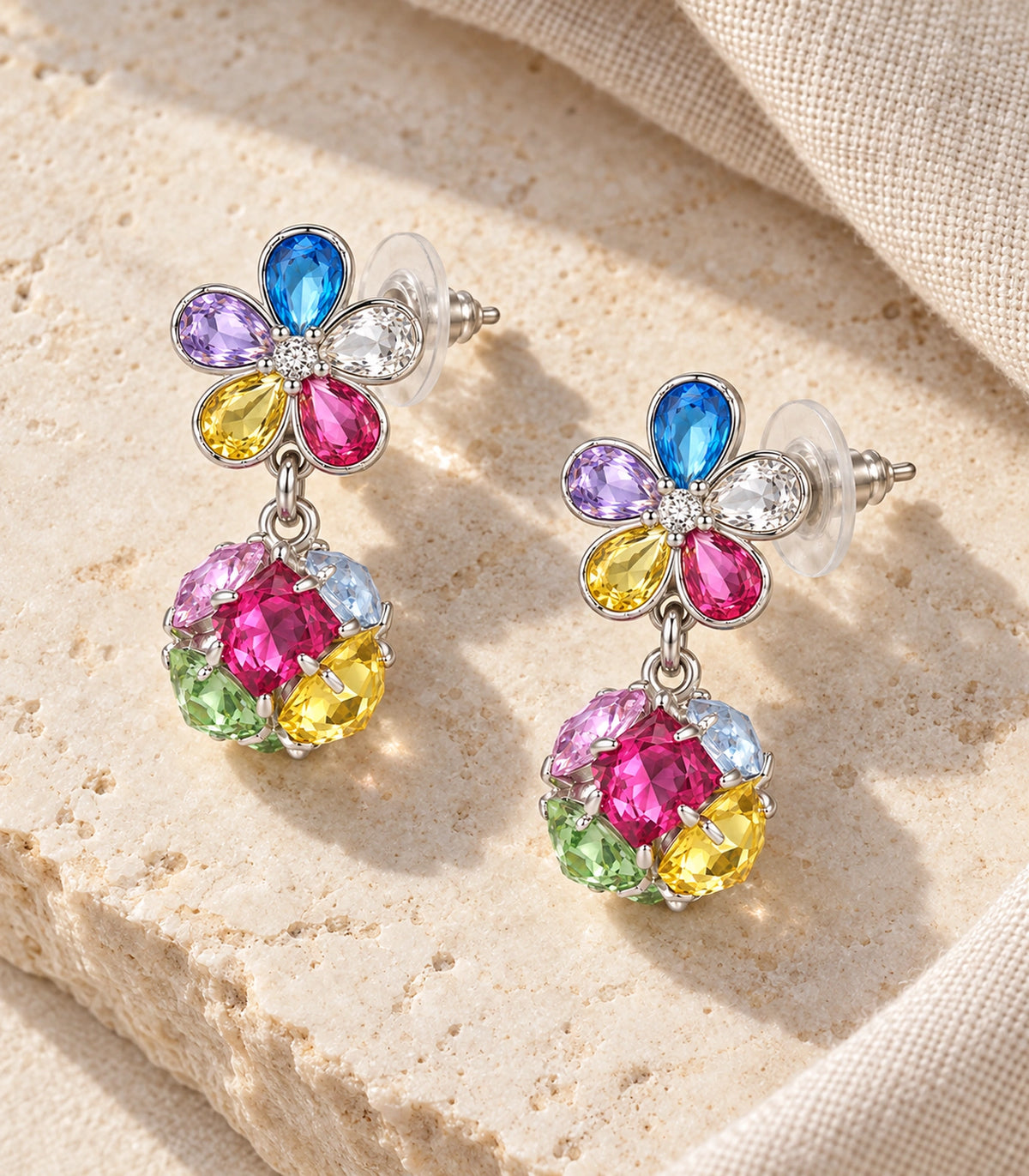 JIMIKI Silver Tone Multicolour Flower Cluster Ball Drop Earring Pair in Silver tone / multicolour, editorial flat lay