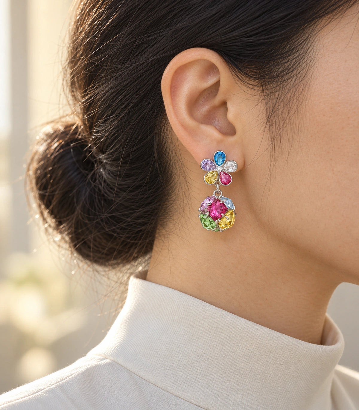 JIMIKI Silver Tone Multicolour Flower Cluster Ball Drop Earring Pair in Silver tone / multicolour, editorial model view