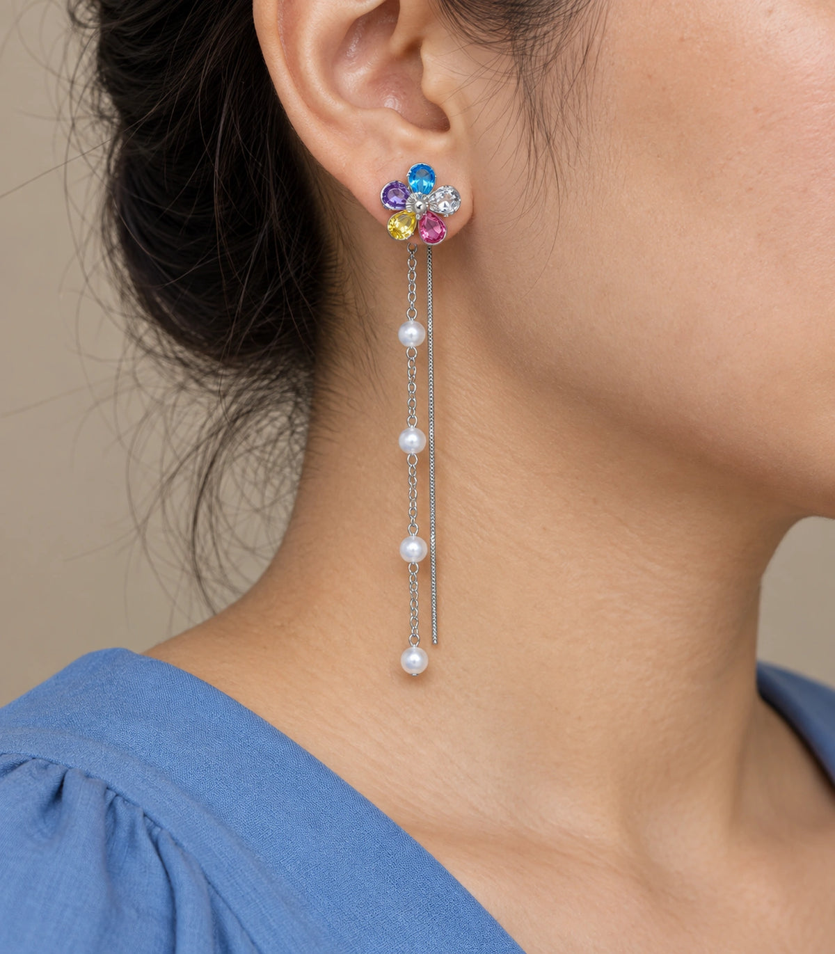 JIMIKI Silver Tone Multicolour Flower Pearl Chain Earring Pair in Silver-tone, close-up detail