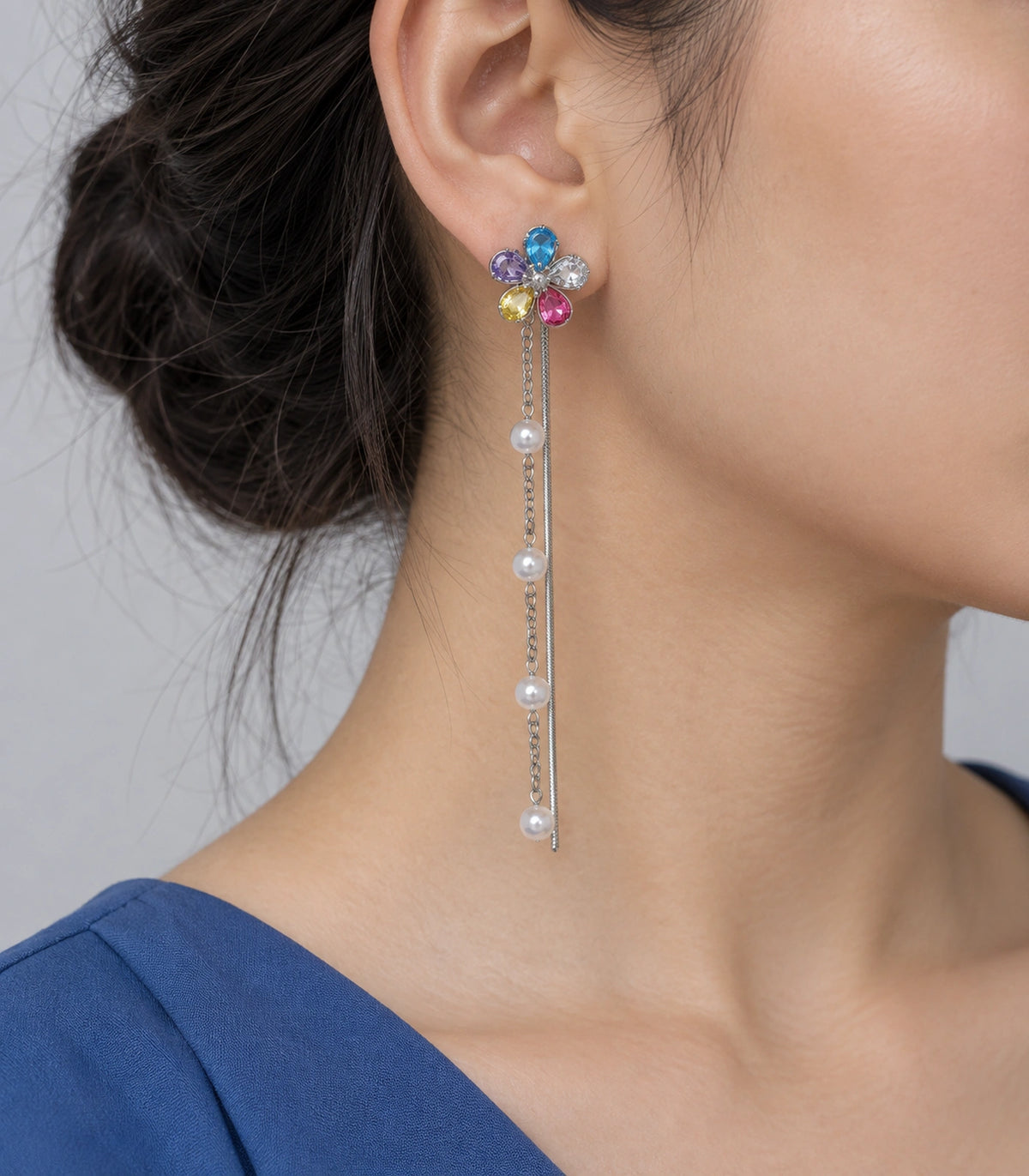 JIMIKI Silver Tone Multicolour Flower Pearl Chain Earring Pair in Silver-tone, model wearing view