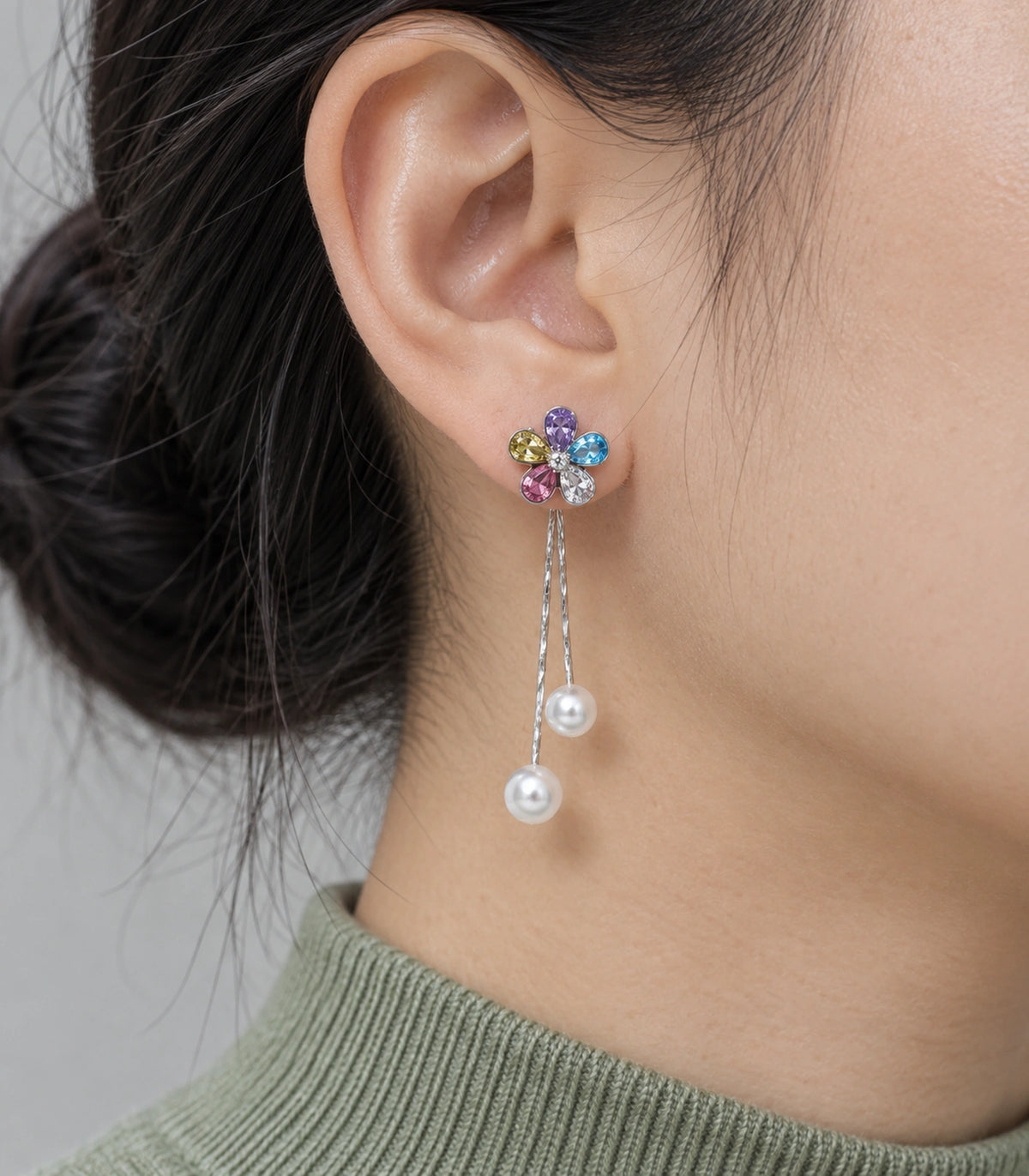 JIMIKI Silver Tone Multicolour Flower Twin Pearl Drop Earring Pair in Silver-tone, close-up detail