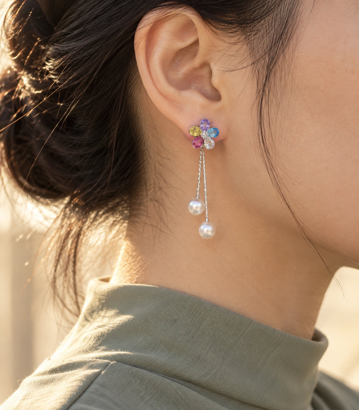 JIMIKI Silver Tone Multicolour Flower Twin Pearl Drop Earring Pair in Silver-tone, editorial model view