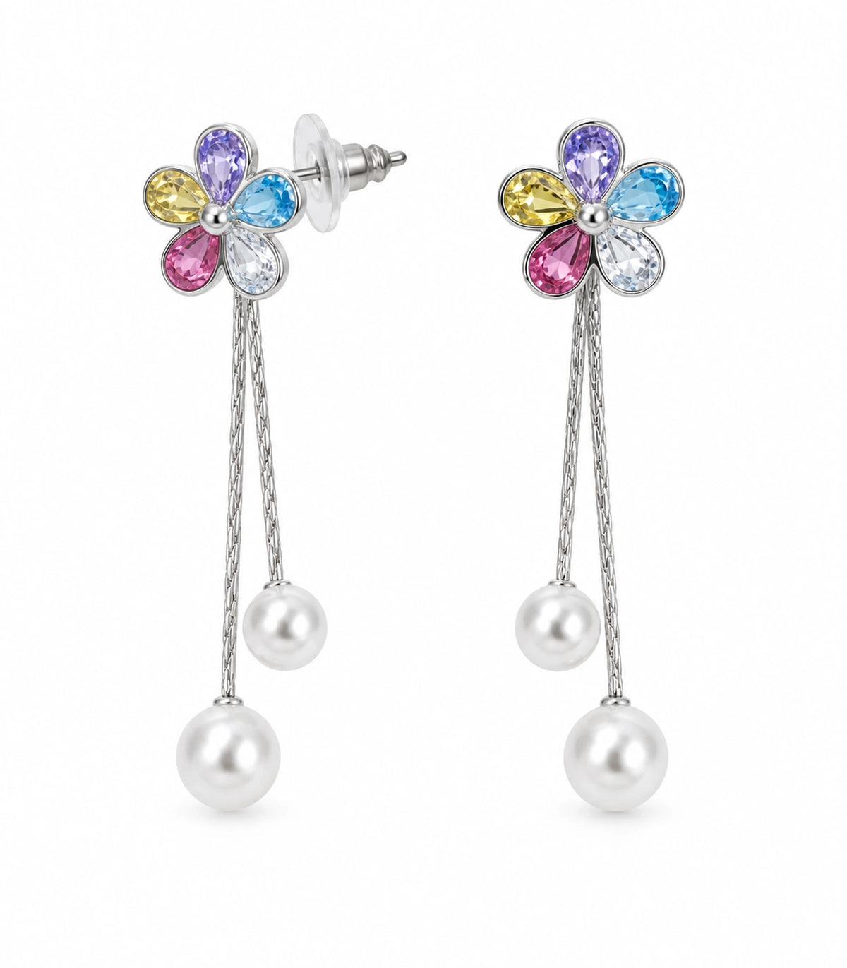JIMIKI Silver Tone Multicolour Flower Twin Pearl Drop Earring Pair in Silver-tone, white background product view
