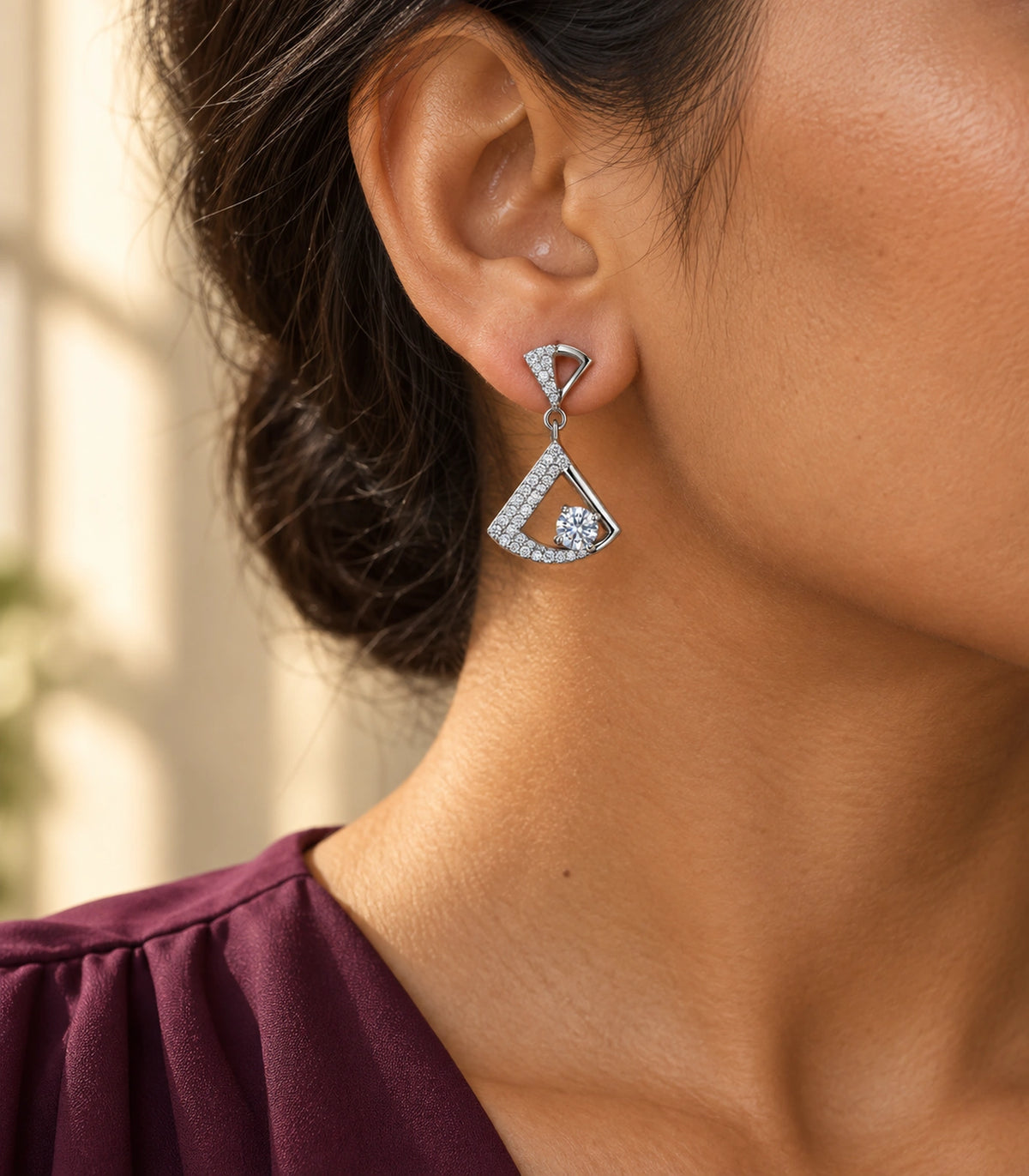 JIMIKI Open Fan Crystal Drop Earring Pair in Silver Tone, editorial model view #color_silver tone