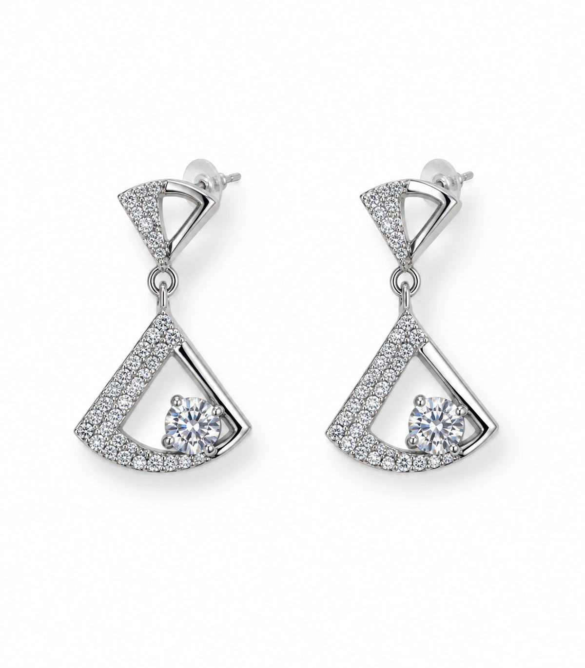 JIMIKI Open Fan Crystal Drop Earring Pair in Silver Tone, white background product view #color_silver tone