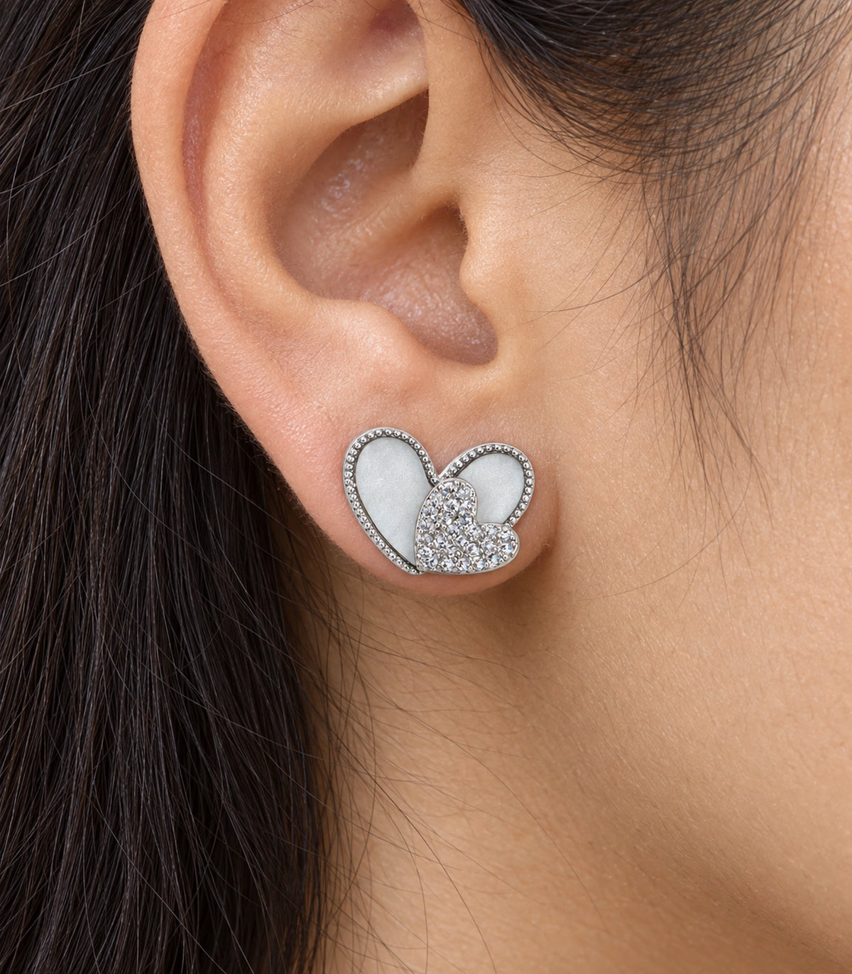 JIMIKI Open Heart Pave Heart Stud Earring Pair in Silver tone, close-up detail #color_silver tone
