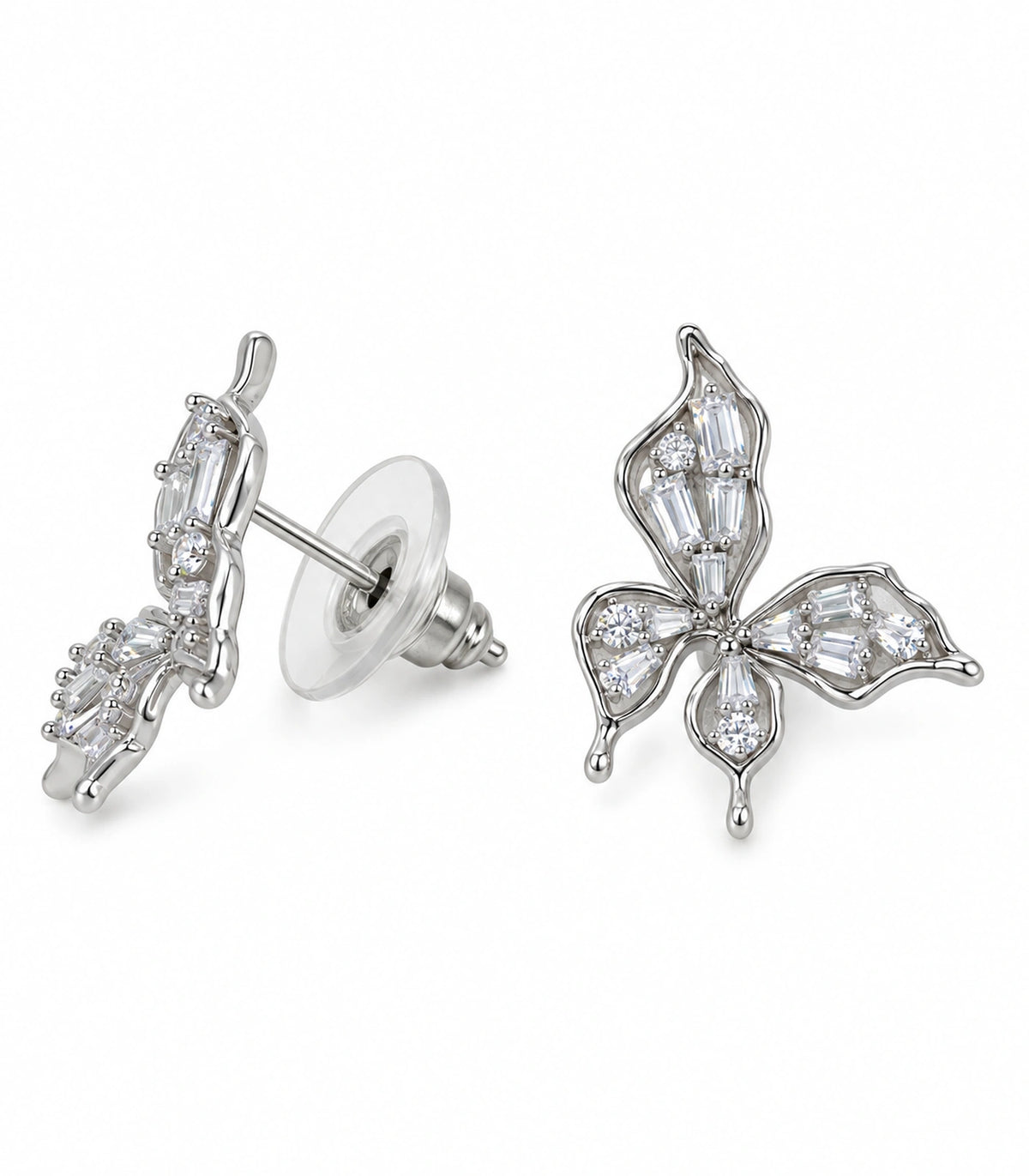 JIMIKI Openwork Baguette Crystal Butterfly Stud Earring Pair in Silver-tone, white background product view #color_silver-tone