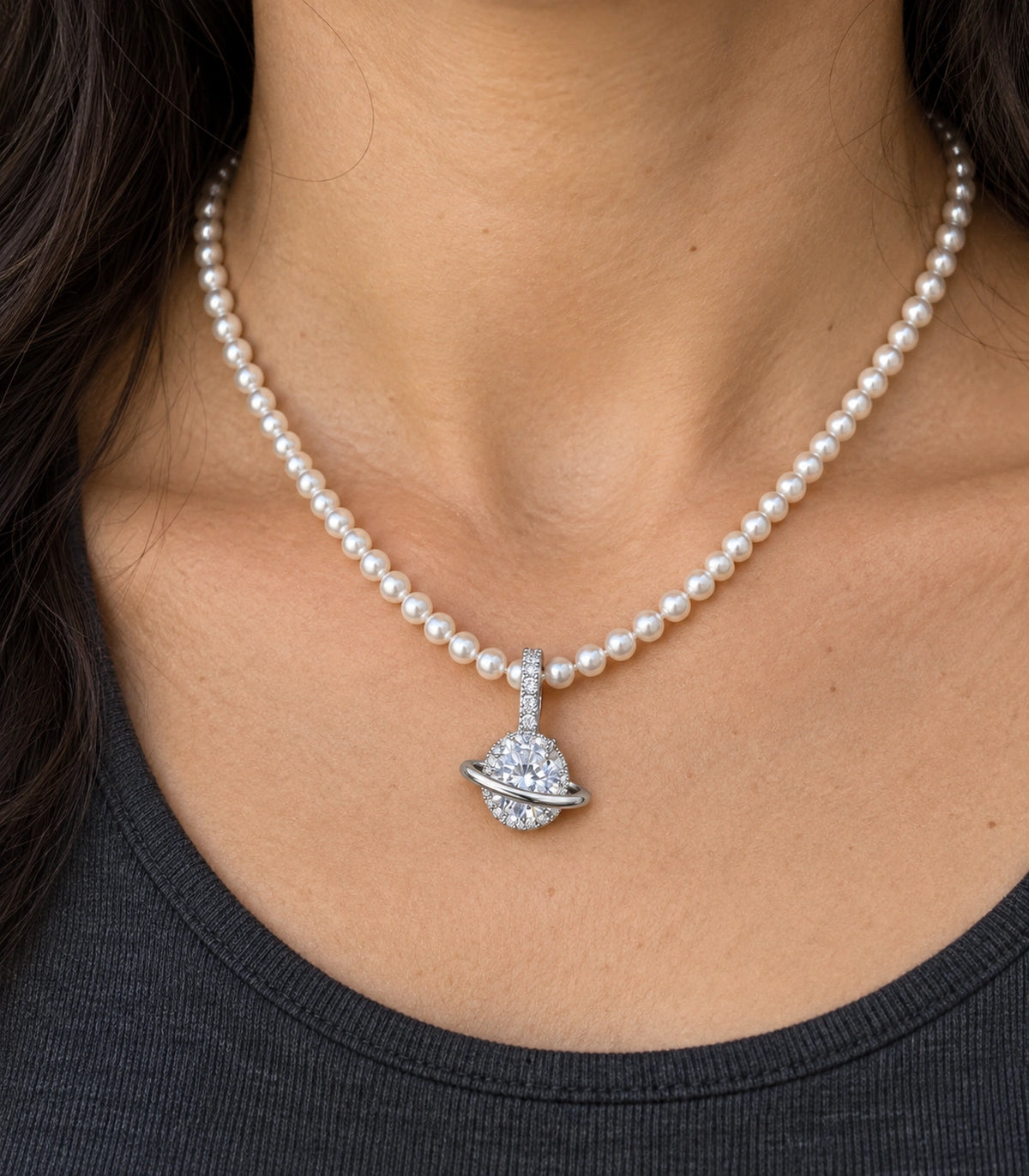 JIMIKI Silver Tone Orbit Crystal Pearl Style Necklace in Silver / White, close-up detail