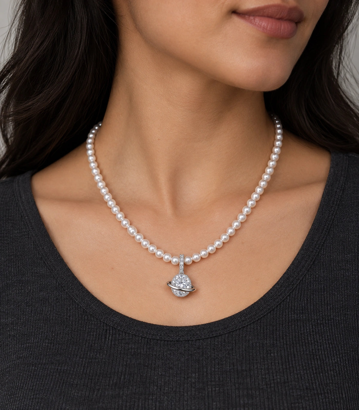 JIMIKI Silver Tone Orbit Crystal Pearl Style Necklace in Silver / White, editorial model view