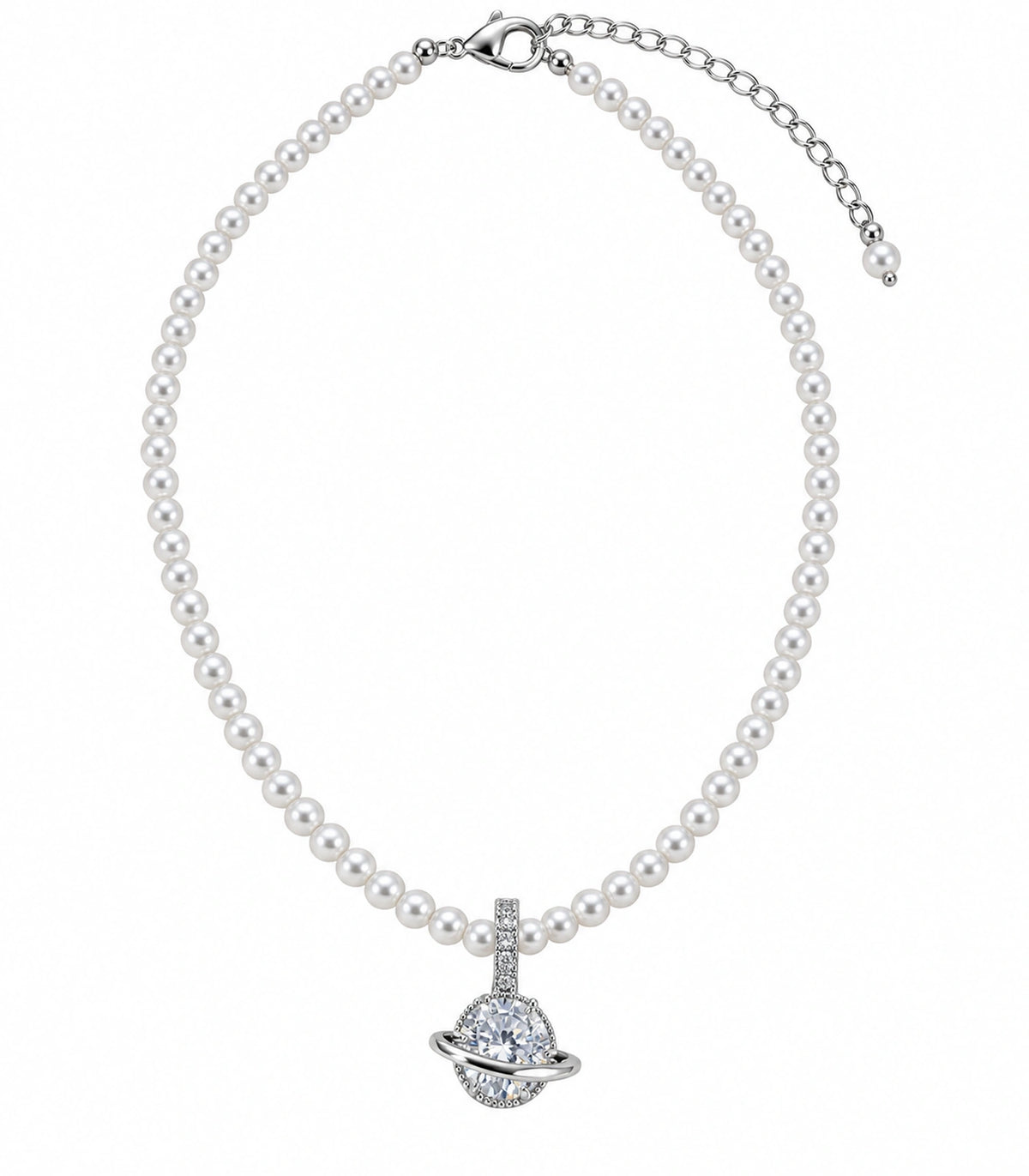 JIMIKI Silver Tone Orbit Crystal Pearl Style Necklace in Silver / White, white background product view