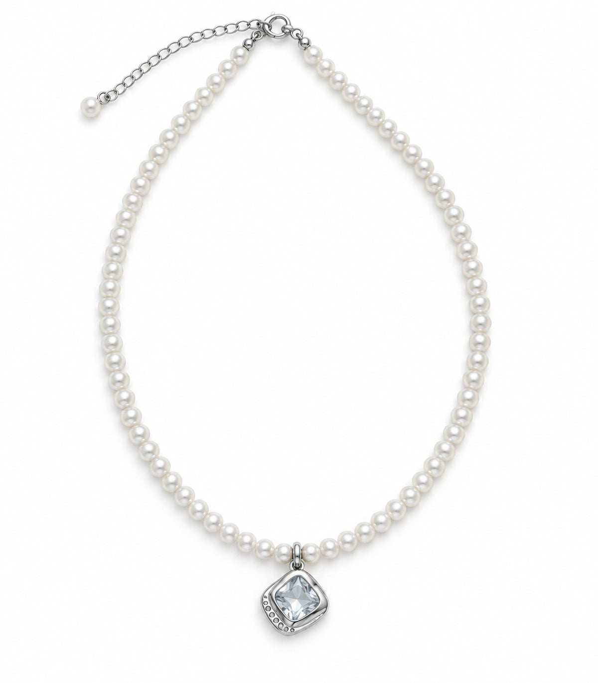 JIMIKI Silver-Tone Organic Cushion Crystal Pearl Necklace in Silver-tone / clear / white, on a white background