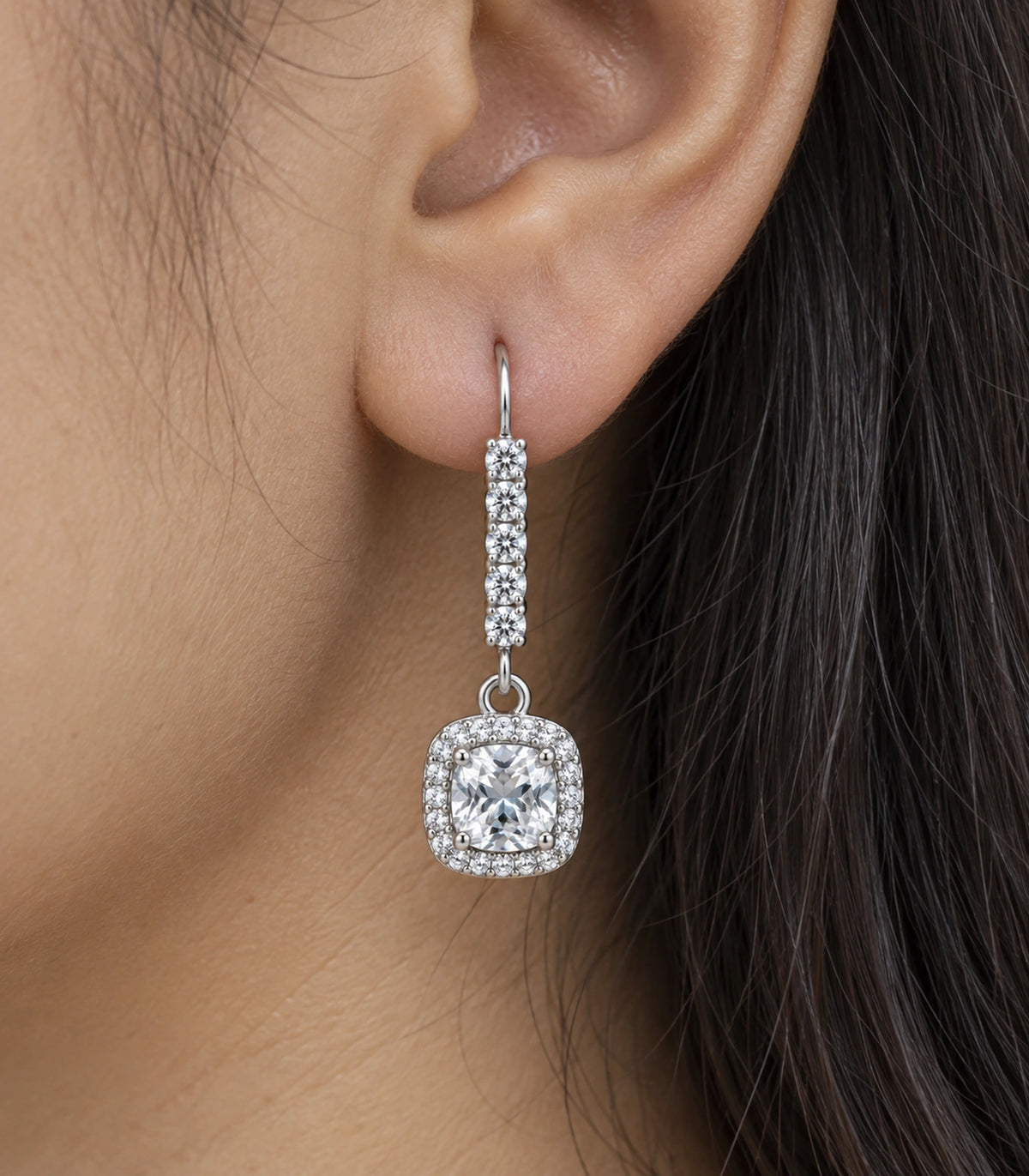 JIMIKI Cushion Halo Hook Drop Earring Pair in Silver tone / pale blue, close-up detail #color_silver tone / pale blue