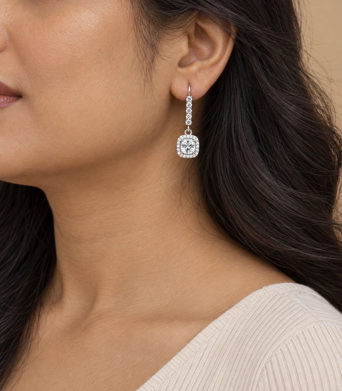 JIMIKI Cushion Halo Hook Drop Earring Pair in Silver tone / pale blue, model wearing view #color_silver tone / pale blue