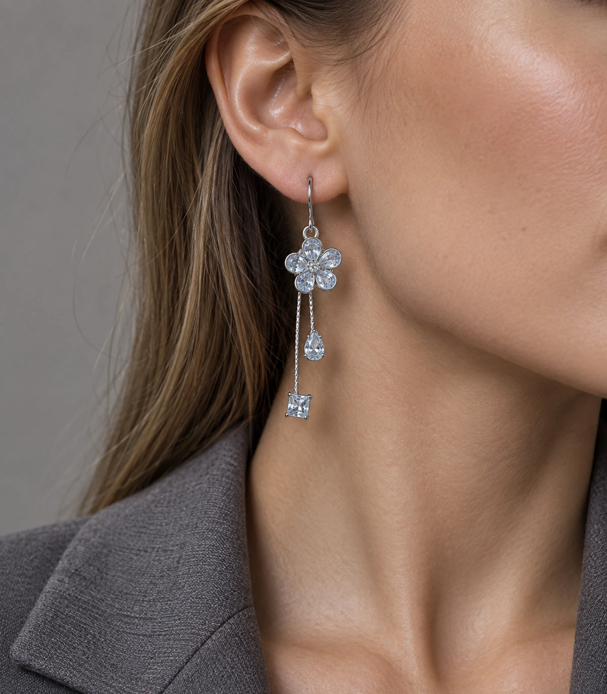 JIMIKI Silver Tone Pale Blue Flower Pear Square Chain Earring Pair in Silver-tone, editorial model view