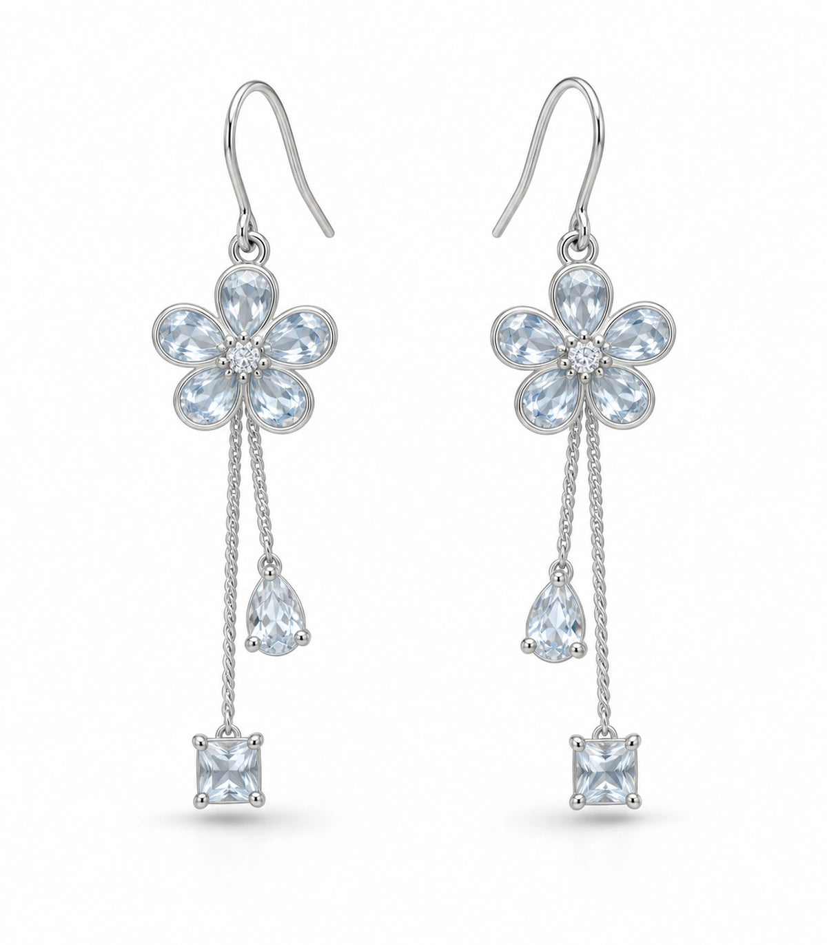 JIMIKI Silver Tone Pale Blue Flower Pear Square Chain Earring Pair in Silver-tone, white background product view