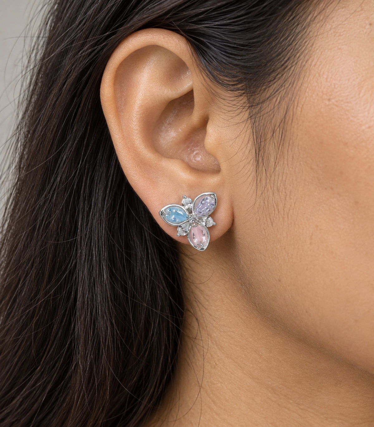 JIMIKI Silver Tone Pastel Multicolour Pear Cluster Stud Earring Pair in Multicolour, close-up detail