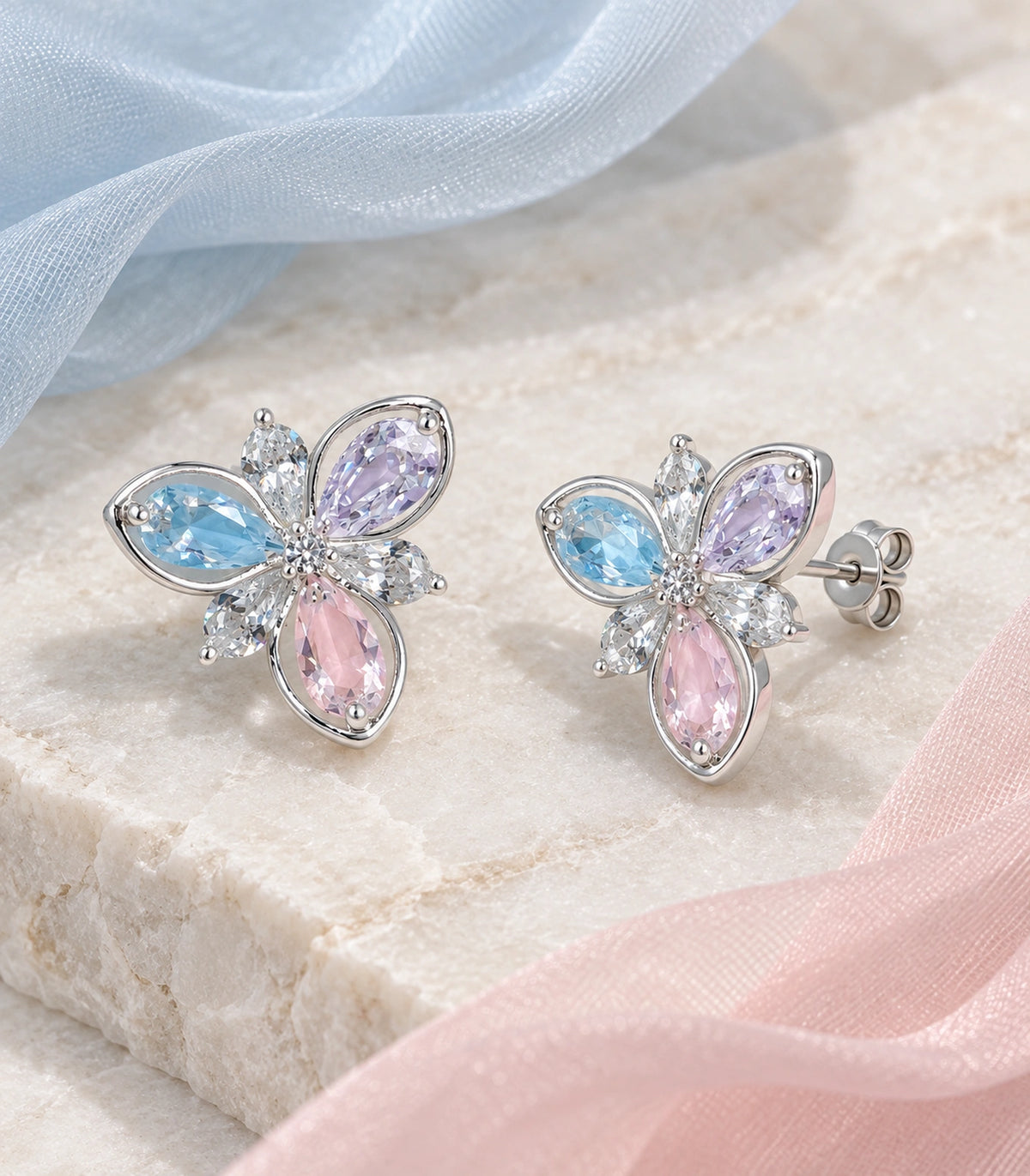 JIMIKI Silver Tone Pastel Multicolour Pear Cluster Stud Earring Pair in Multicolour, editorial flat lay