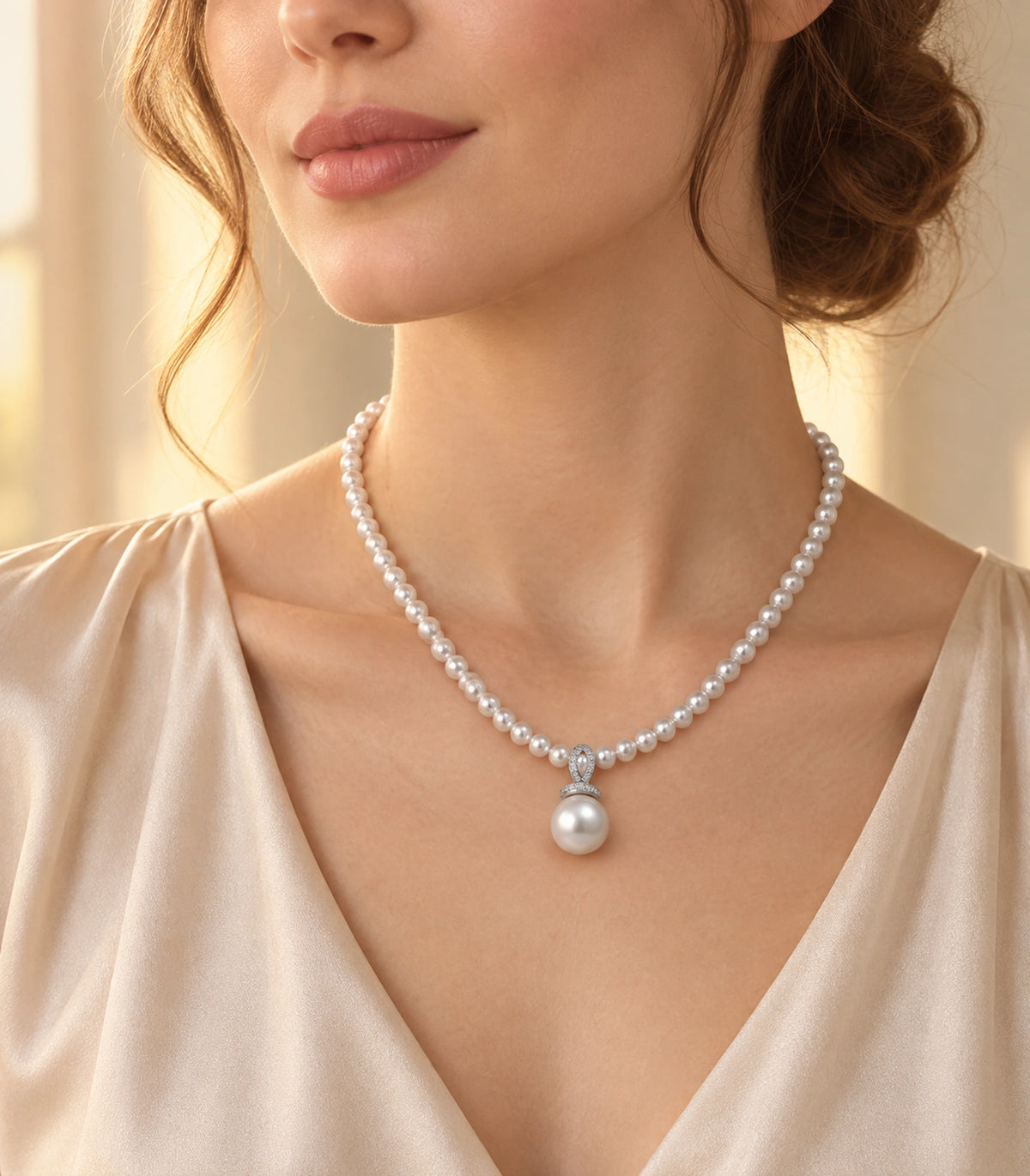 JIMIKI Silver-Tone Pavé Bail Pearl Drop Necklace in Silver-tone / white, styled on a model in an editorial setting