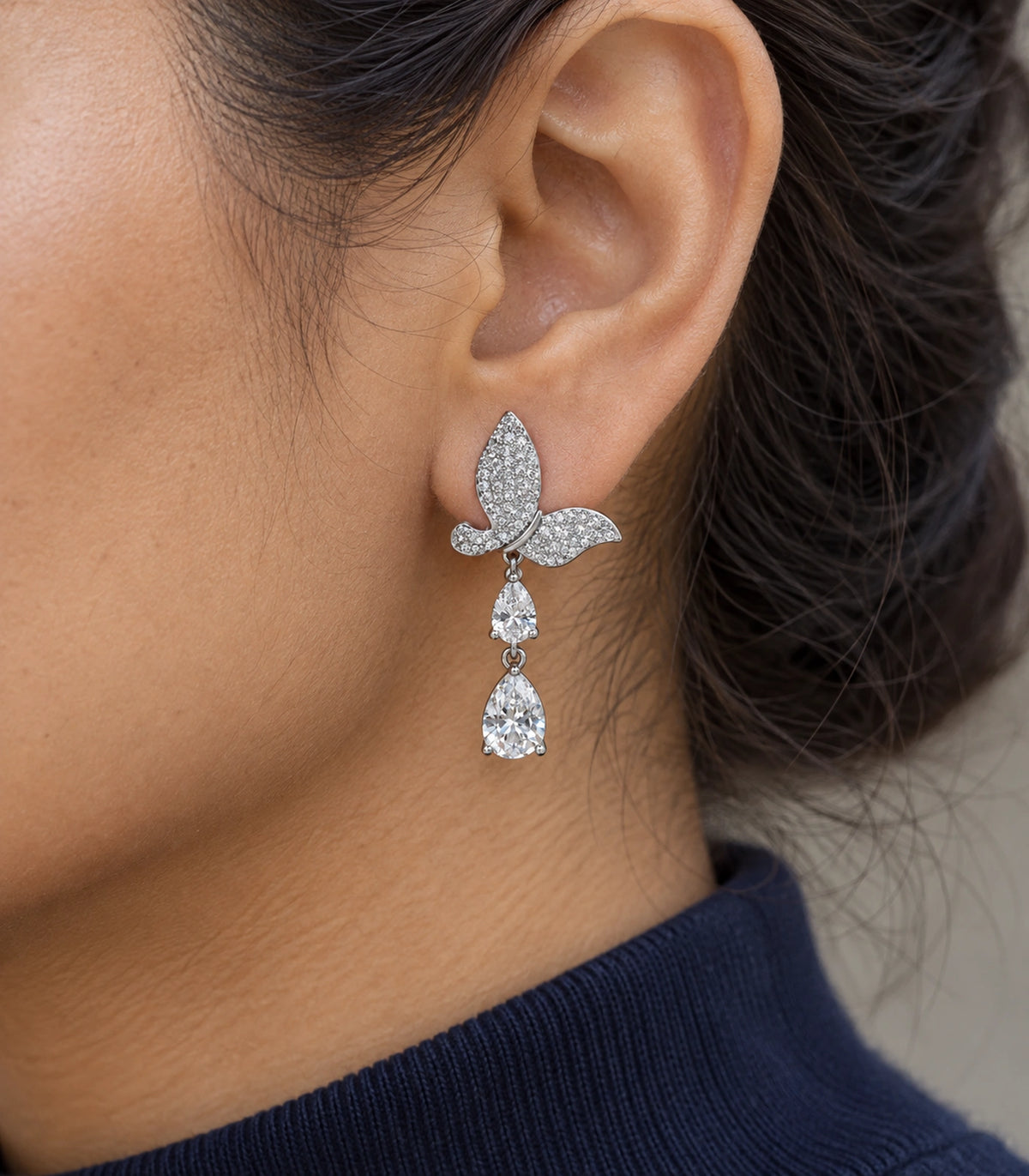 JIMIKI Pave Butterfly Double Teardrop Earring Pair in Silver-tone, close-up detail #color_silver-tone