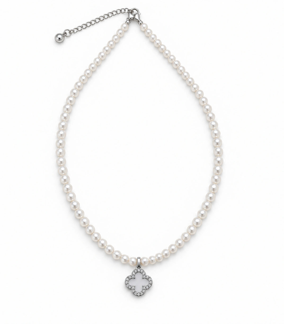 JIMIKI Silver-Tone Pavé Clover Pearl Necklace in Silver-tone / clear / white, on a white background