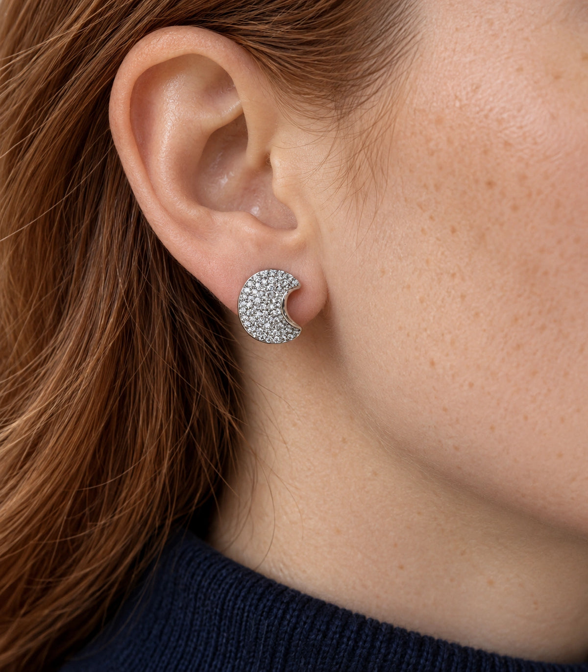 JIMIKI Pave Crescent Moon Stud Earring Pair in Silver-tone, close-up detail #color_silver-tone