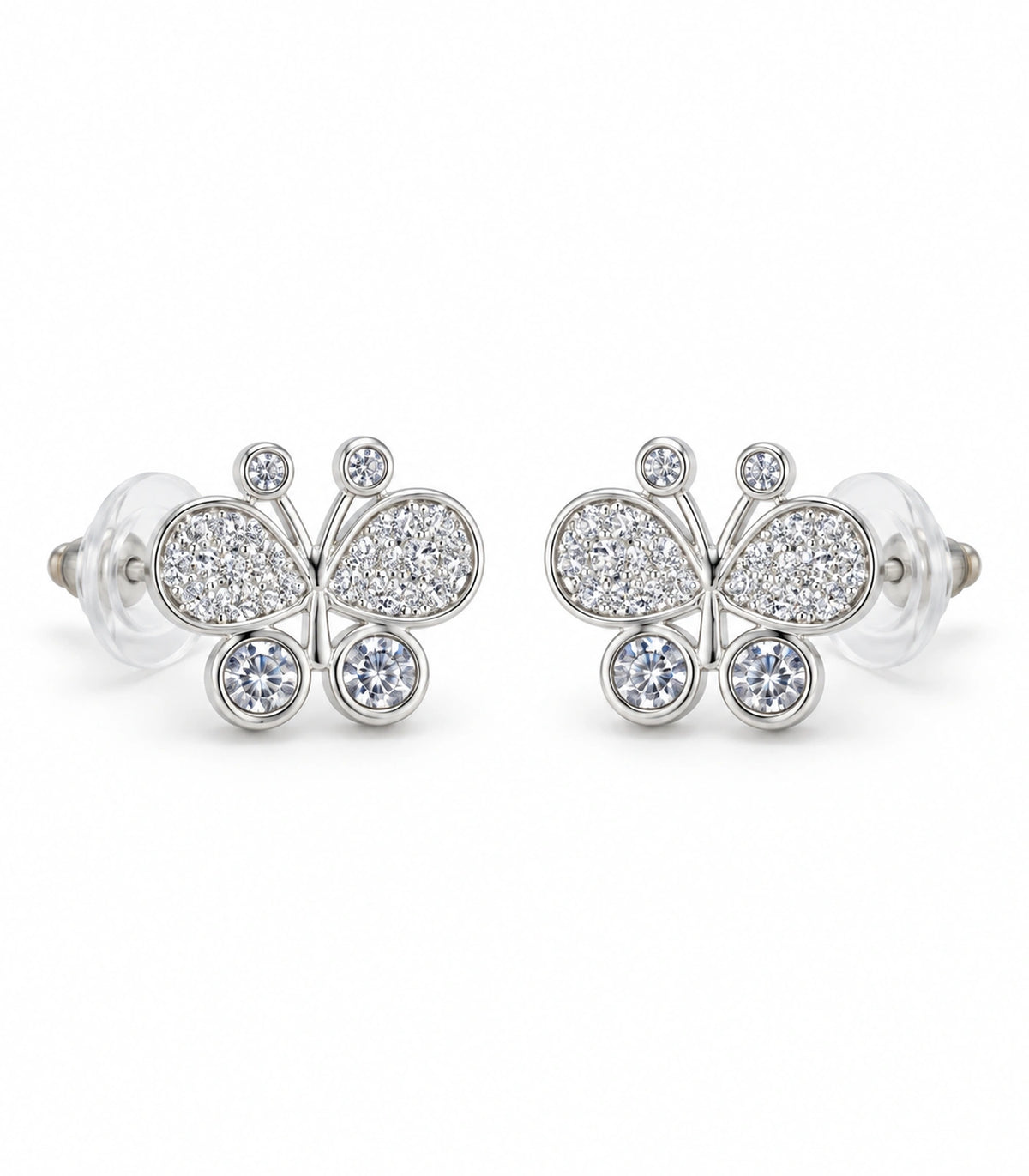 JIMIKI Silver-Tone Pave Crystal Butterfly Stud Earrings in Silver Tone, white background product view