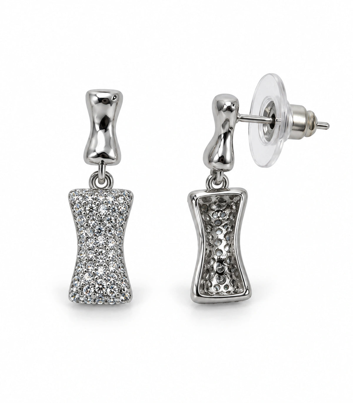 JIMIKI Pave Hourglass Drop Earring Pair in Silver tone, white background product view #color_silver tone