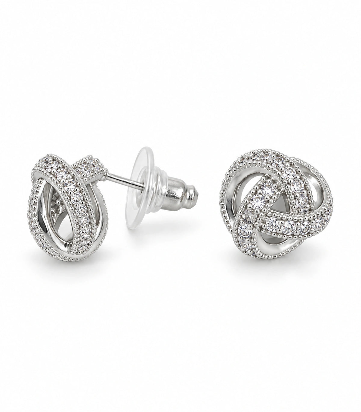 JIMIKI Silver-Tone Pavé Interwoven Knot Stud Earrings in Silver / Clear, white background product view