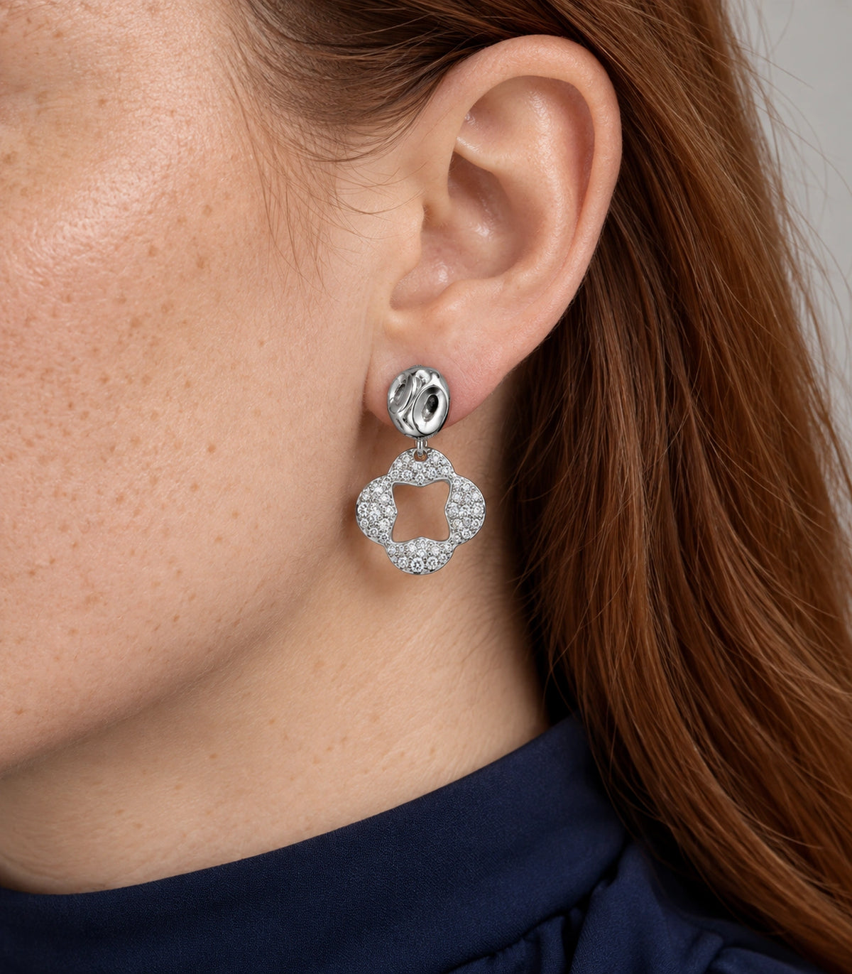JIMIKI Silver Tone Pave Open Flower Sculpted Stud Drop Earring Pair in Silver tone / clear, close-up detail