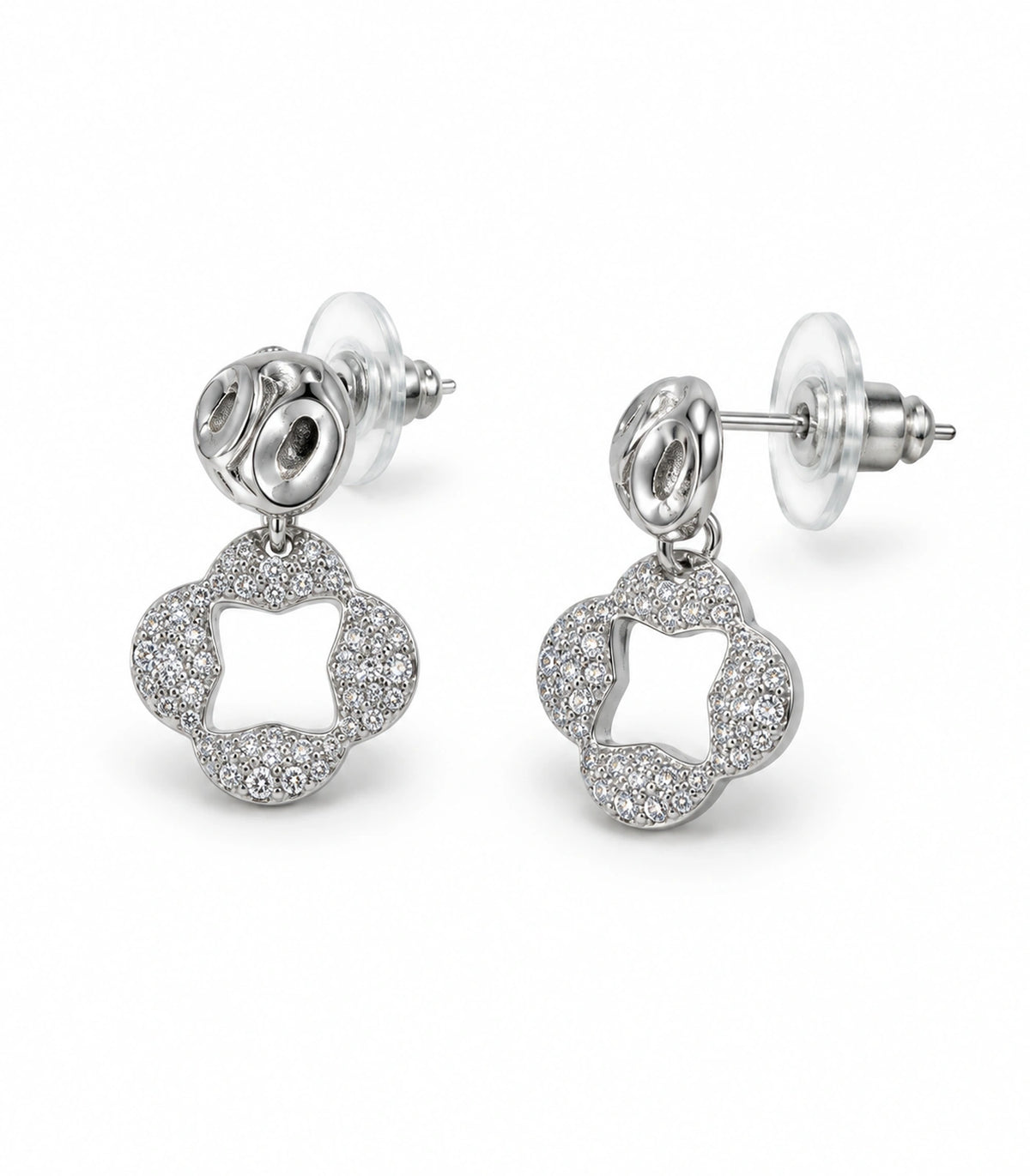 JIMIKI Silver Tone Pave Open Flower Sculpted Stud Drop Earring Pair in Silver tone / clear, white background product view