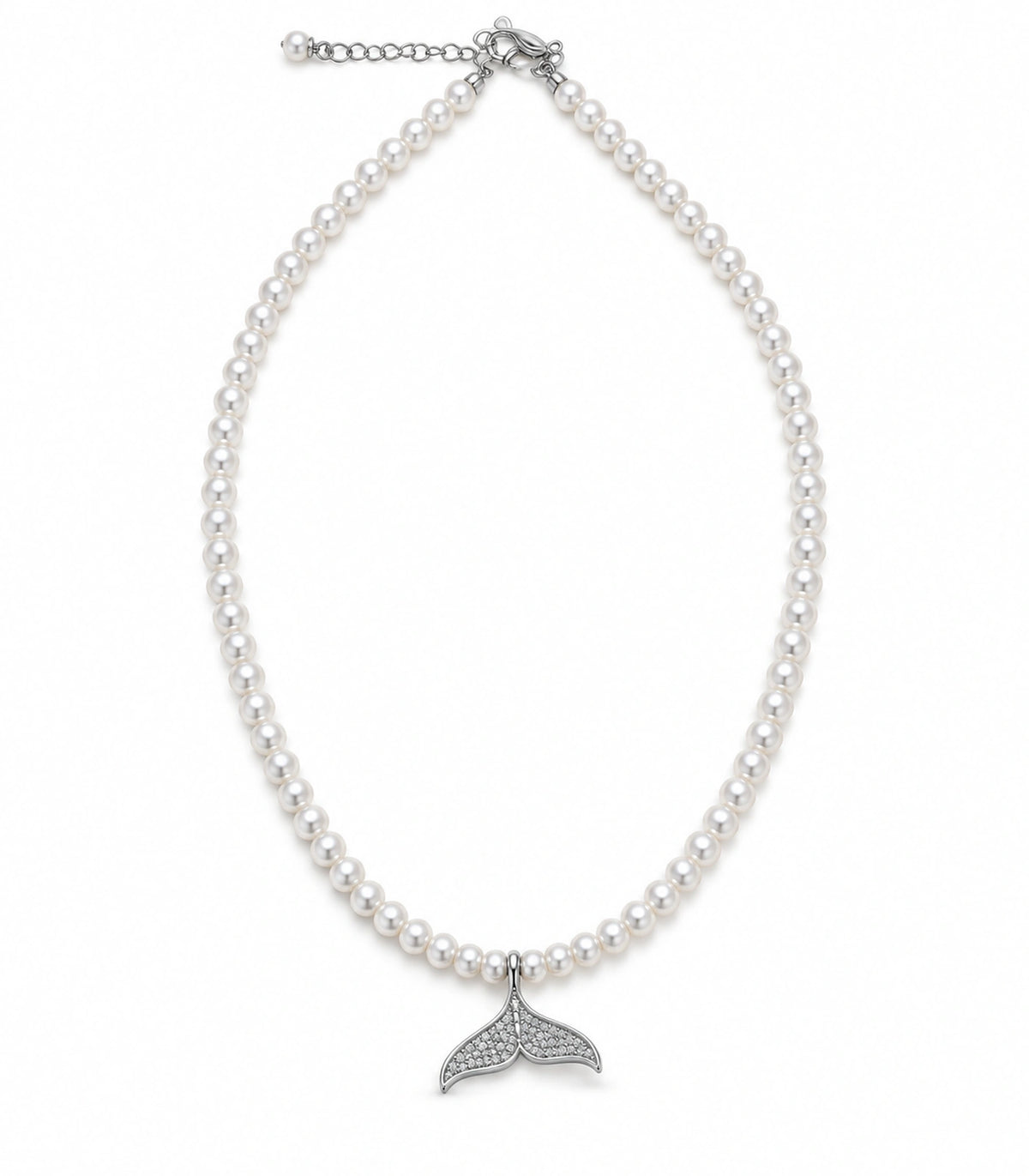 JIMIKI Pavé Whale Tail Pearl Necklace in Silver-tone, on a white background #color_silver-tone