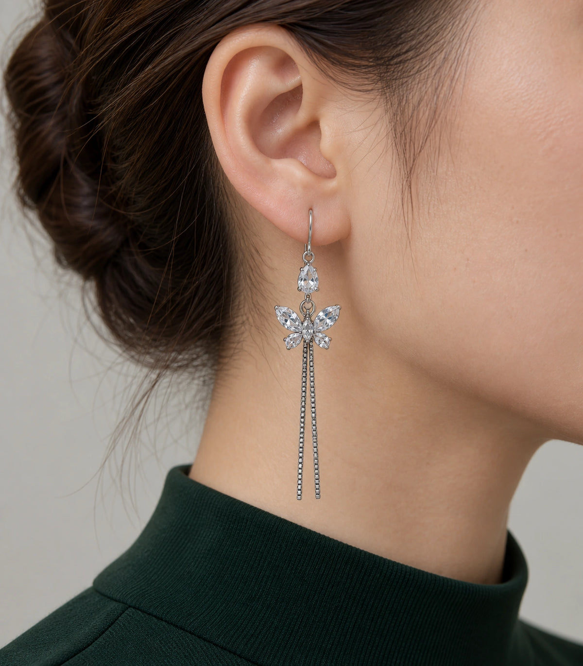JIMIKI Silver Tone Pear Butterfly Twin Chain Earring Pair in Silver-tone, model wearing view
