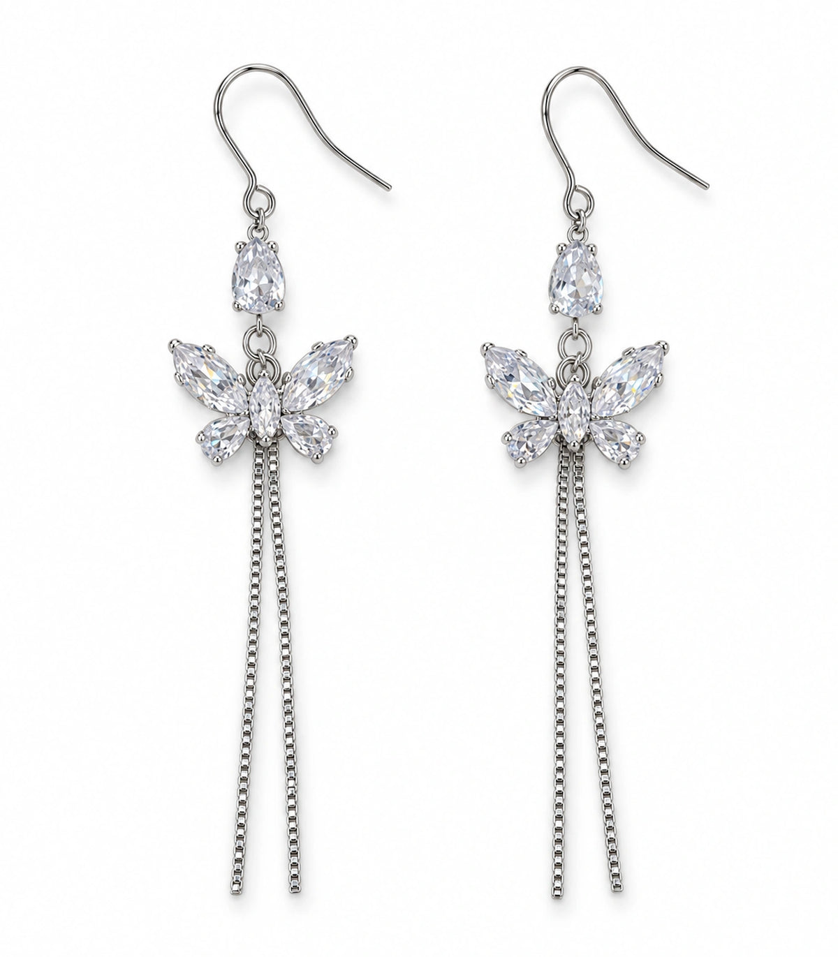 JIMIKI Silver Tone Pear Butterfly Twin Chain Earring Pair in Silver-tone, white background product view