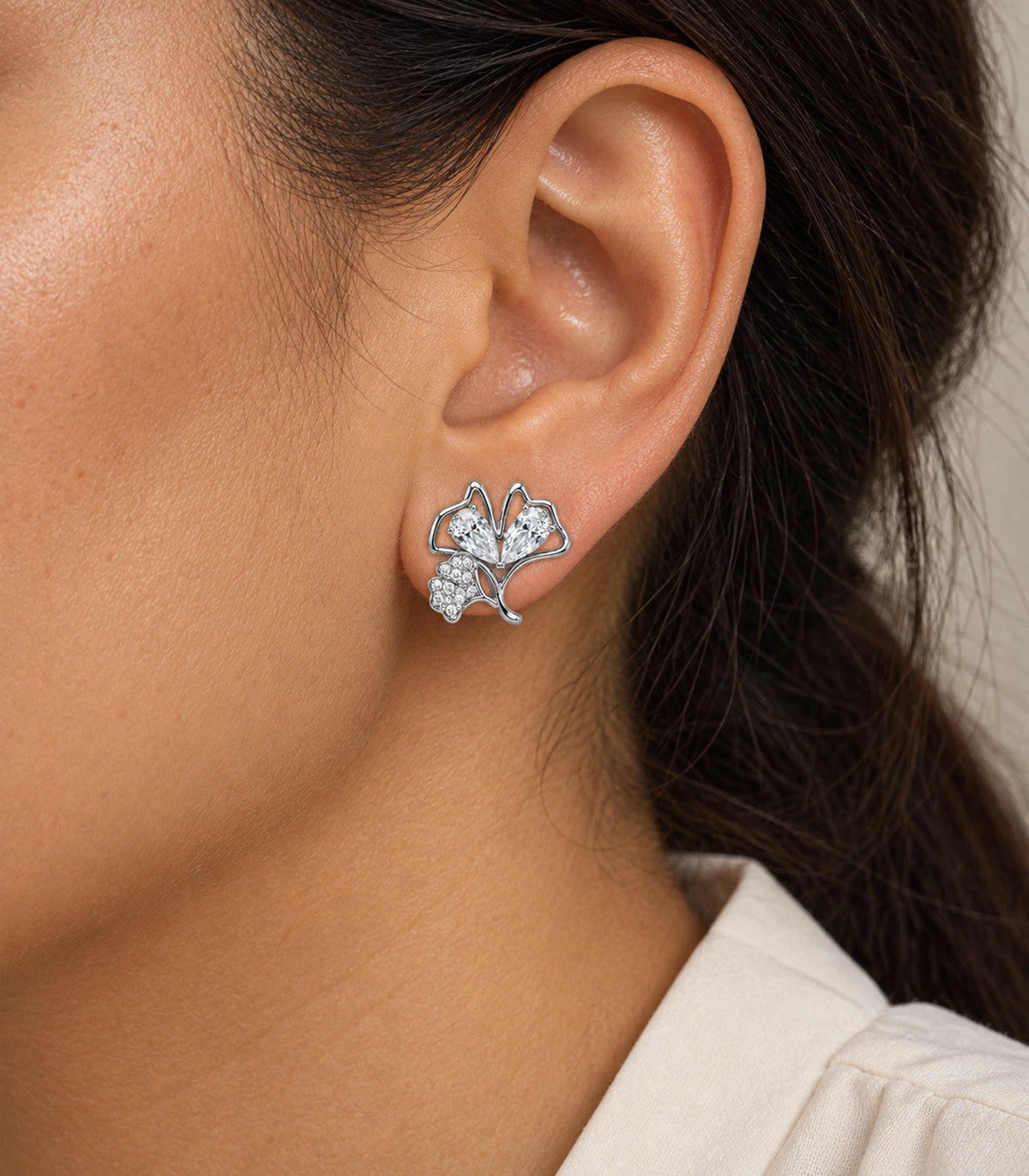 JIMIKI Pear Crystal Open Leaf Stud Earring Pair in Silver Tone, close-up detail #color_silver tone