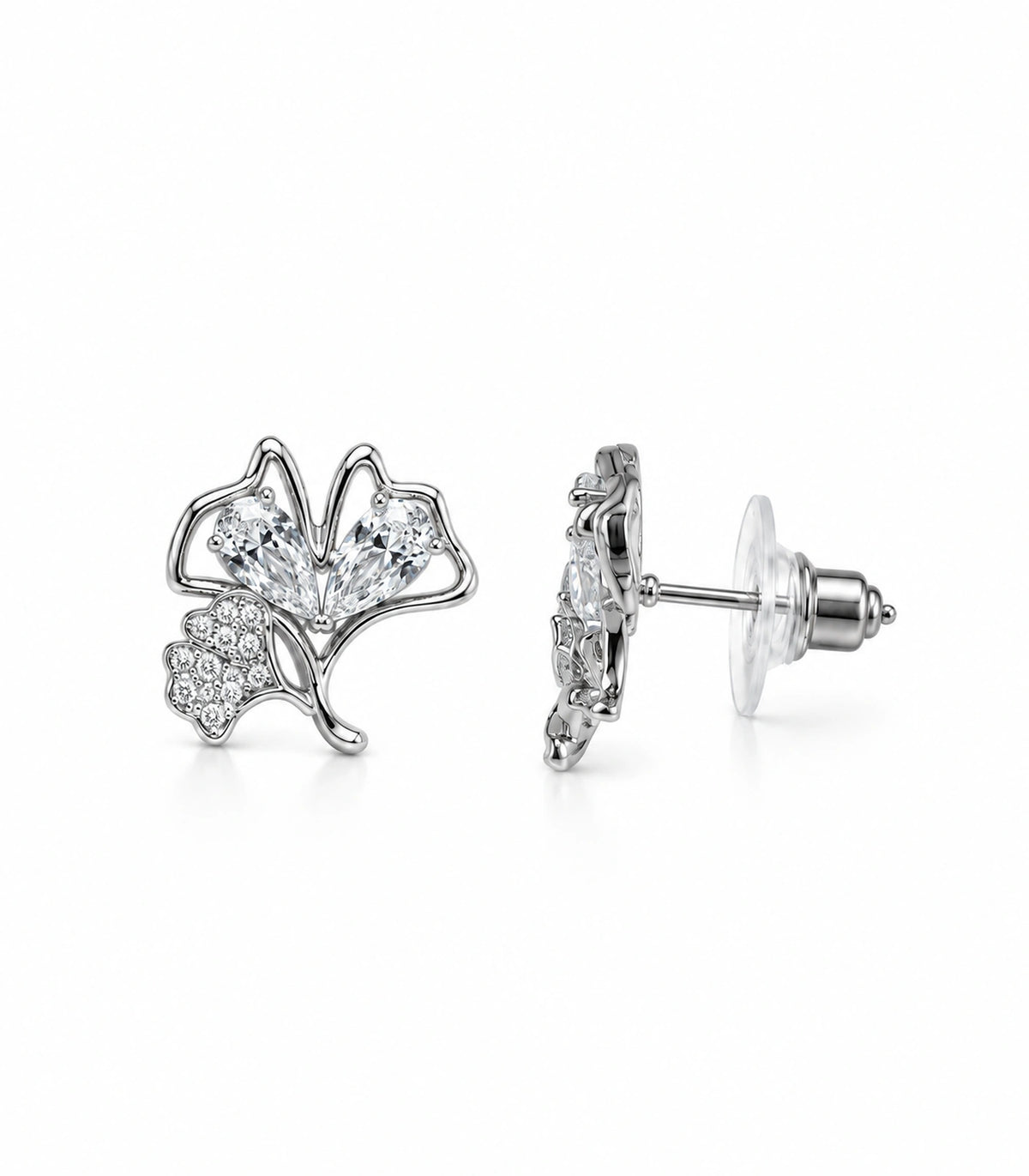 JIMIKI Pear Crystal Open Leaf Stud Earring Pair in Silver Tone, white background product view #color_silver tone