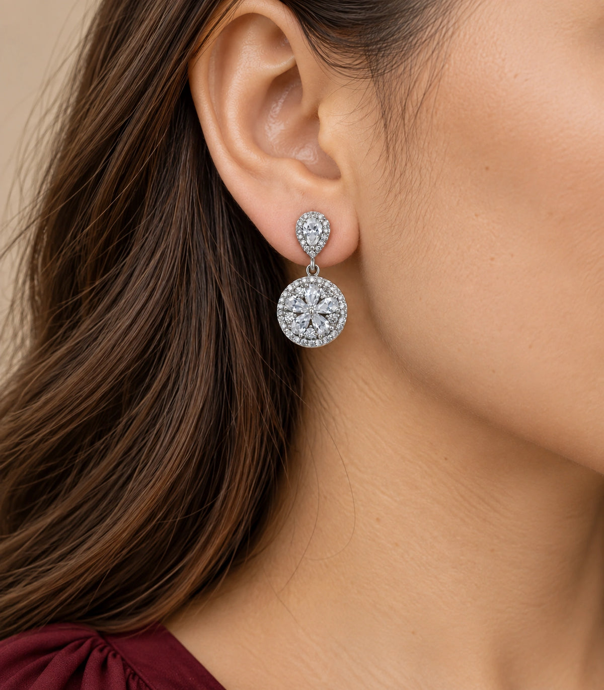 JIMIKI Silver-Tone Pear and Round Cluster Drop Earrings in Silver-tone, close-up detail