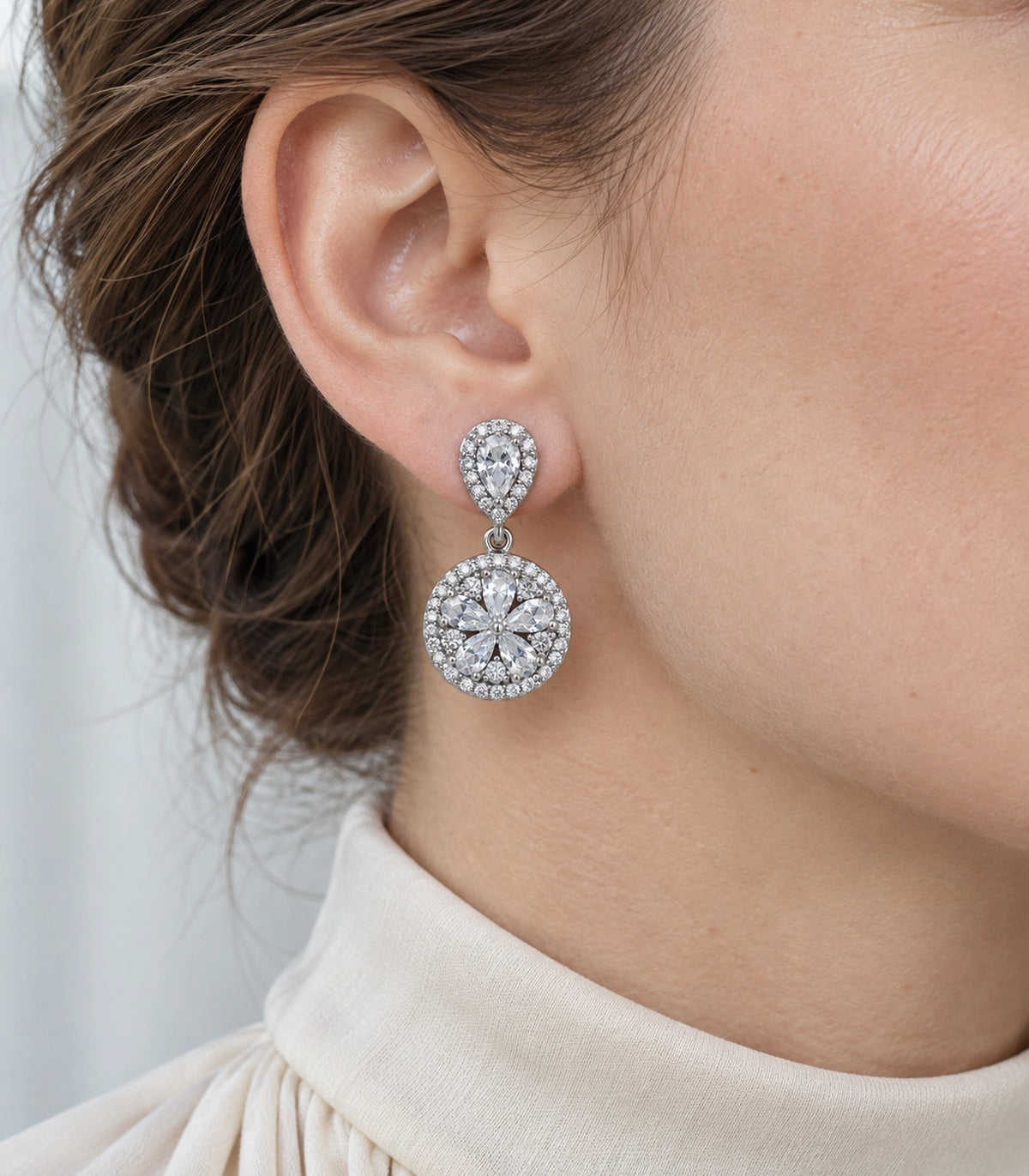 JIMIKI Silver-Tone Pear and Round Cluster Drop Earrings in Silver-tone, model wearing view
