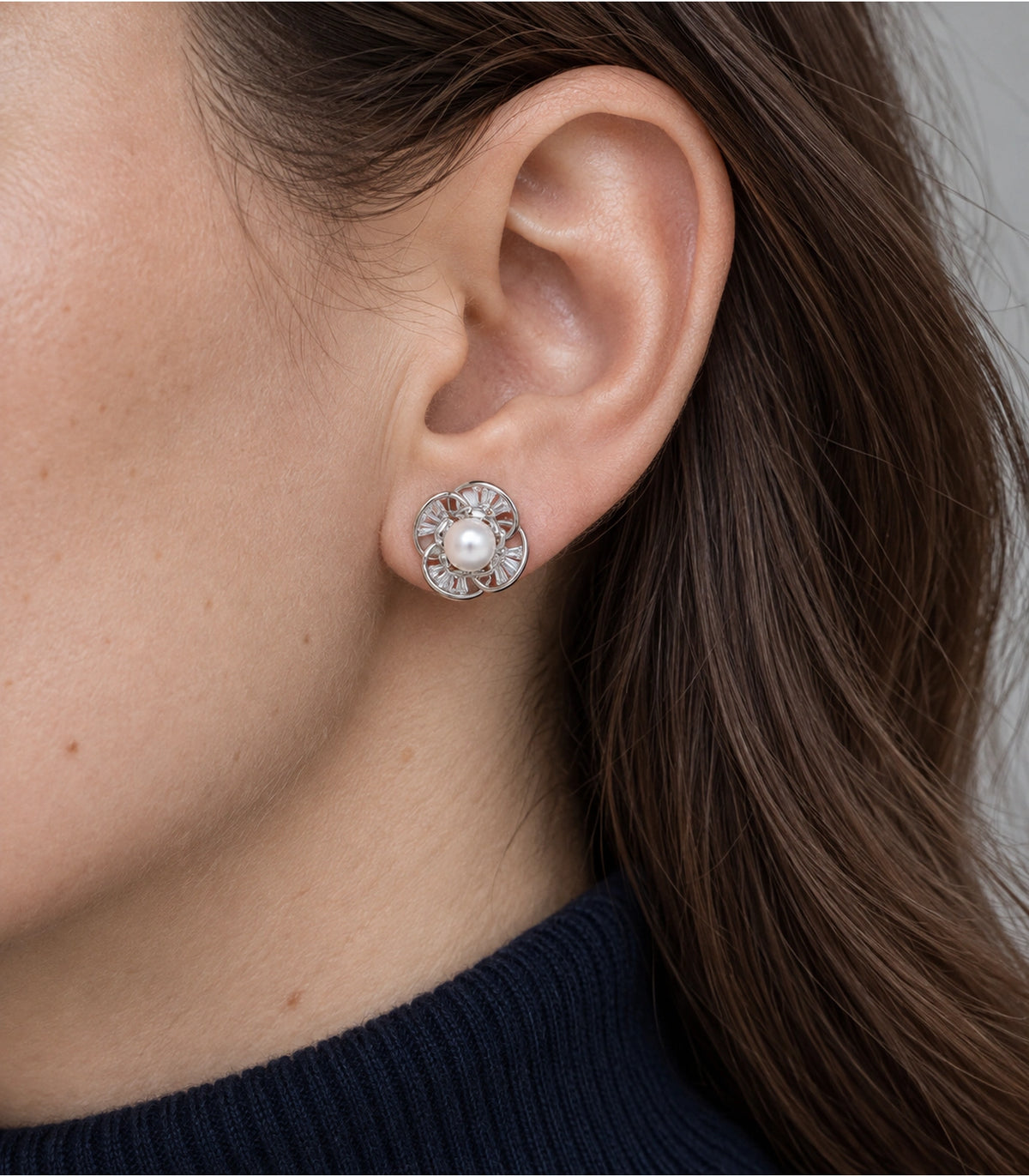 JIMIKI Pearl Centre Crystal Flower Stud Earring Pair in Silver Tone, close-up detail #color_silver tone