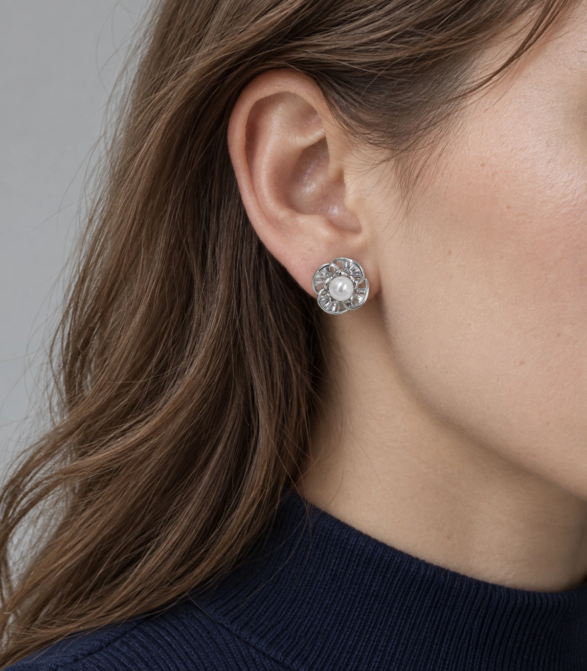JIMIKI Pearl Centre Crystal Flower Stud Earring Pair in Silver Tone, model wearing view #color_silver tone