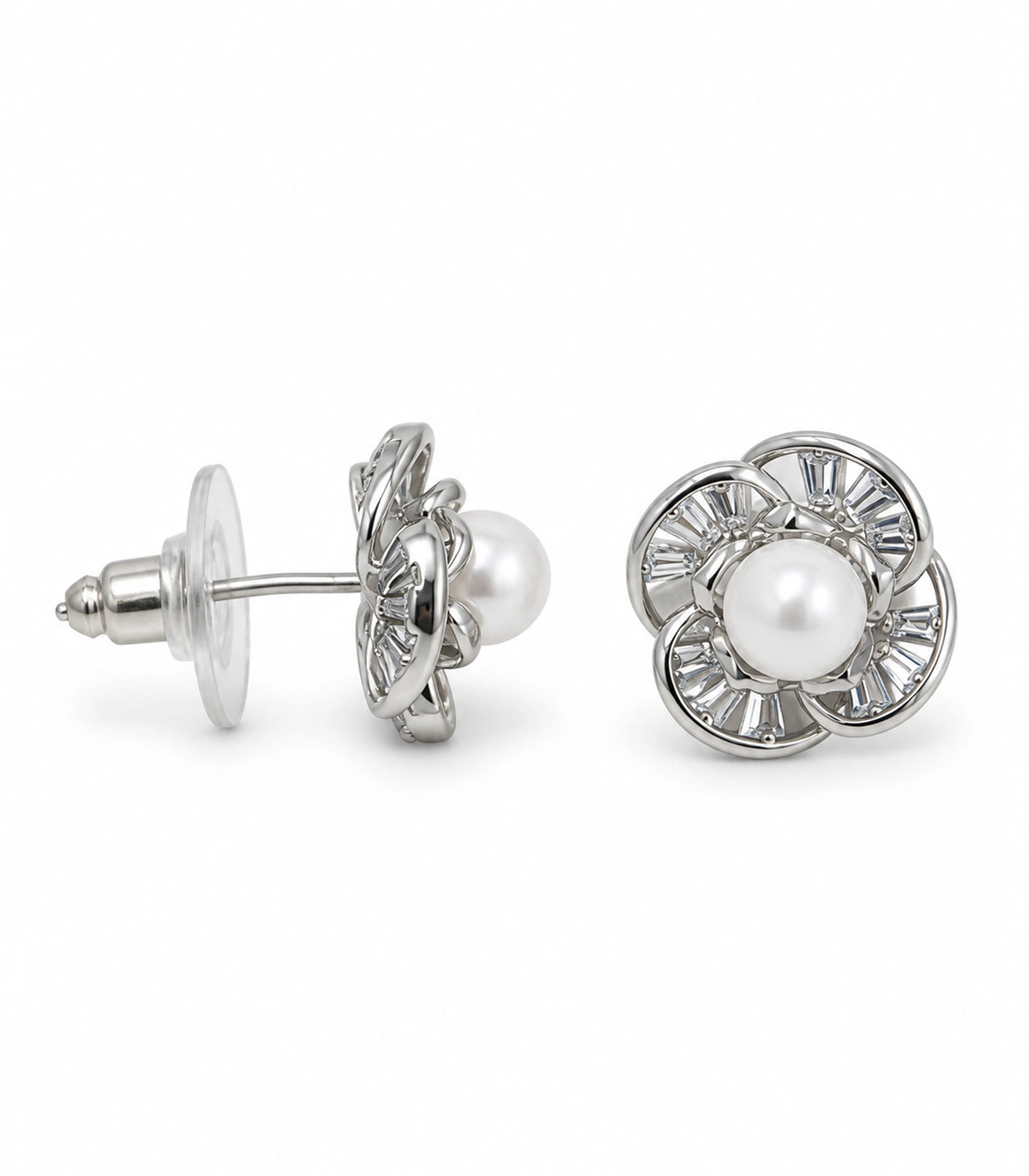JIMIKI Pearl Centre Crystal Flower Stud Earring Pair in Silver Tone, white background product view #color_silver tone