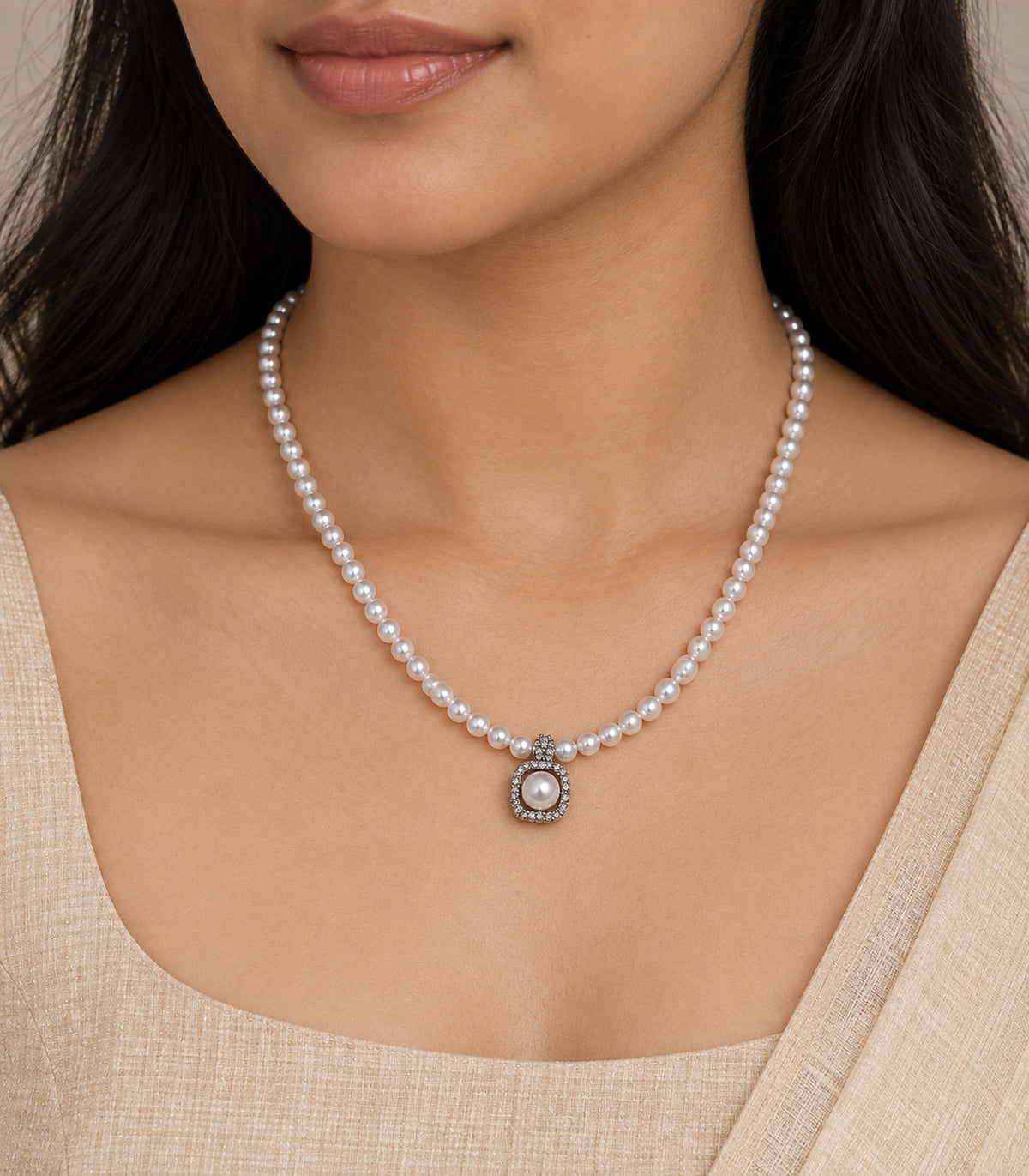 JIMIKI Silver-Tone Pearl Halo Pendant Necklace in Silver-tone, close-up of the pendant and pearl-style strand