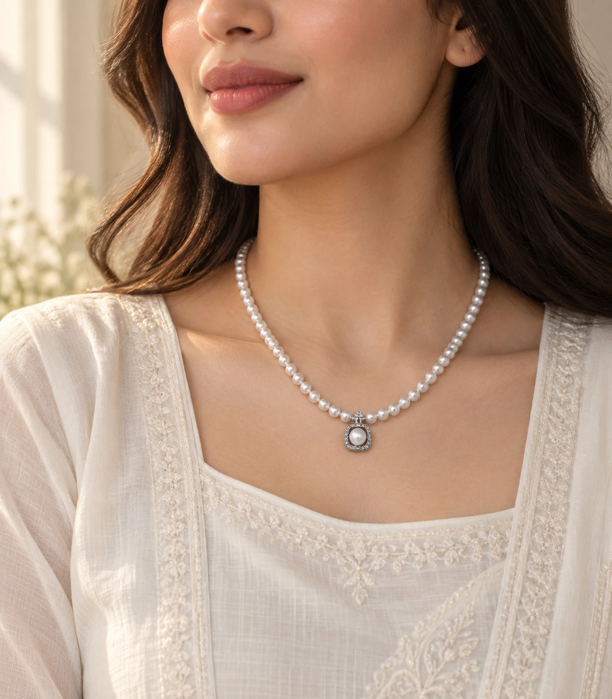 JIMIKI Silver-Tone Pearl Halo Pendant Necklace in Silver-tone, styled on a model in an editorial setting
