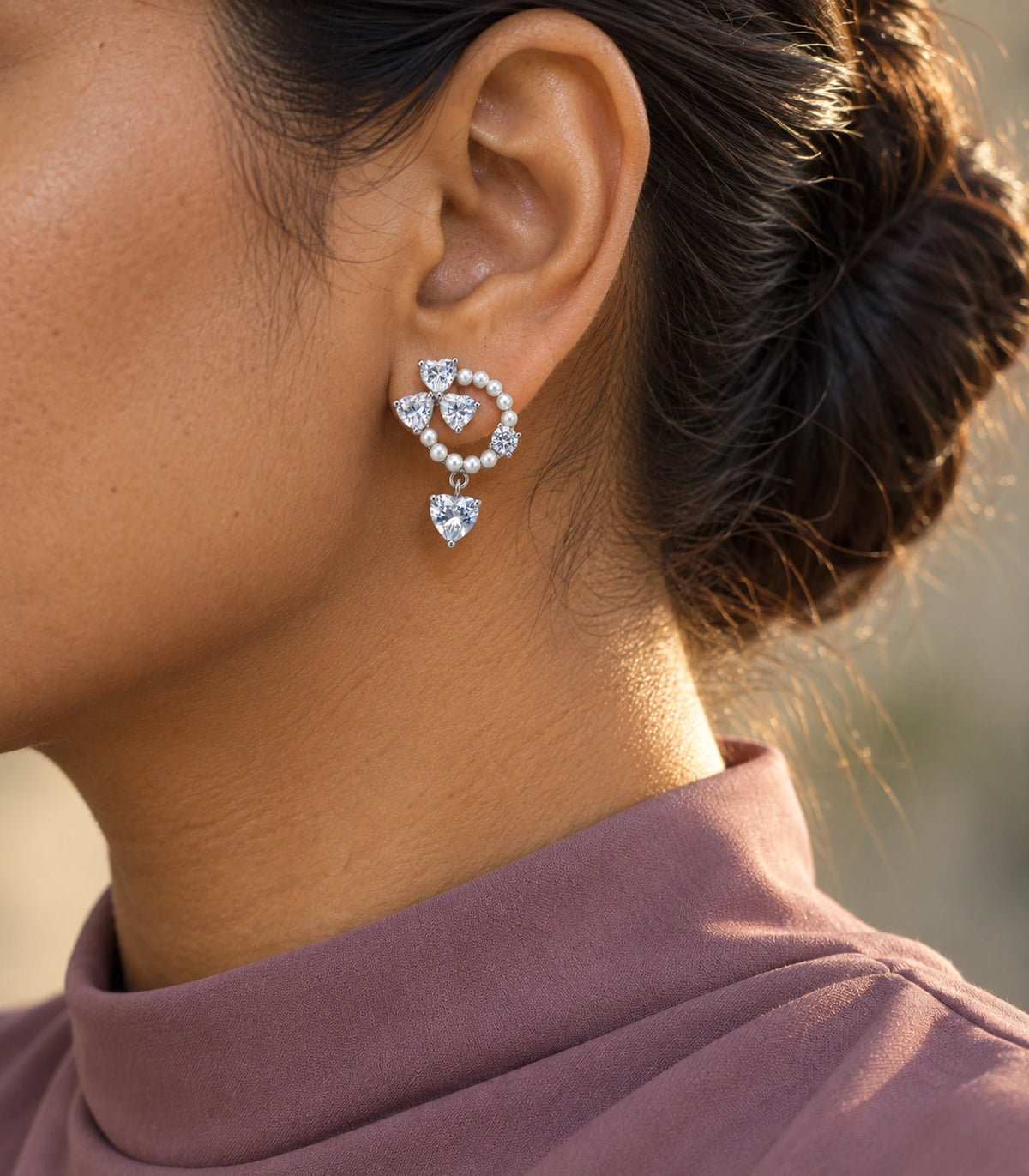 JIMIKI Pearl Ring Crystal Heart Drop Earring Pair in Silver tone / white, editorial model view #color_silver tone / white