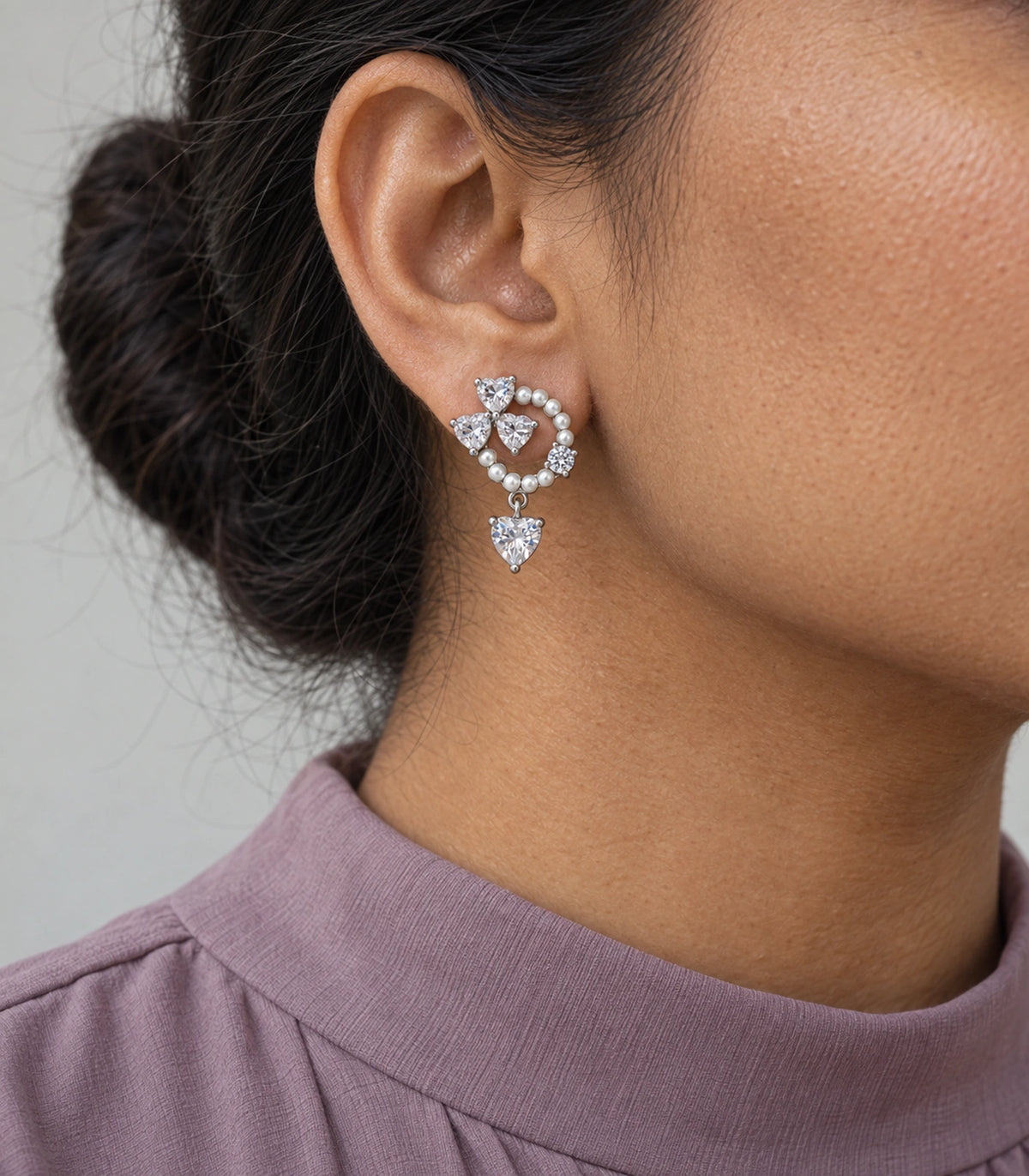 JIMIKI Pearl Ring Crystal Heart Drop Earring Pair in Silver tone / white, model wearing view #color_silver tone / white